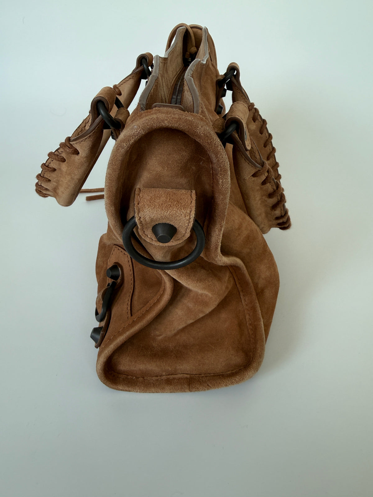 Balenciaga Le City Small Bag In Camel Suede Verified by Luxe Cheshire. Trusted designer resale.