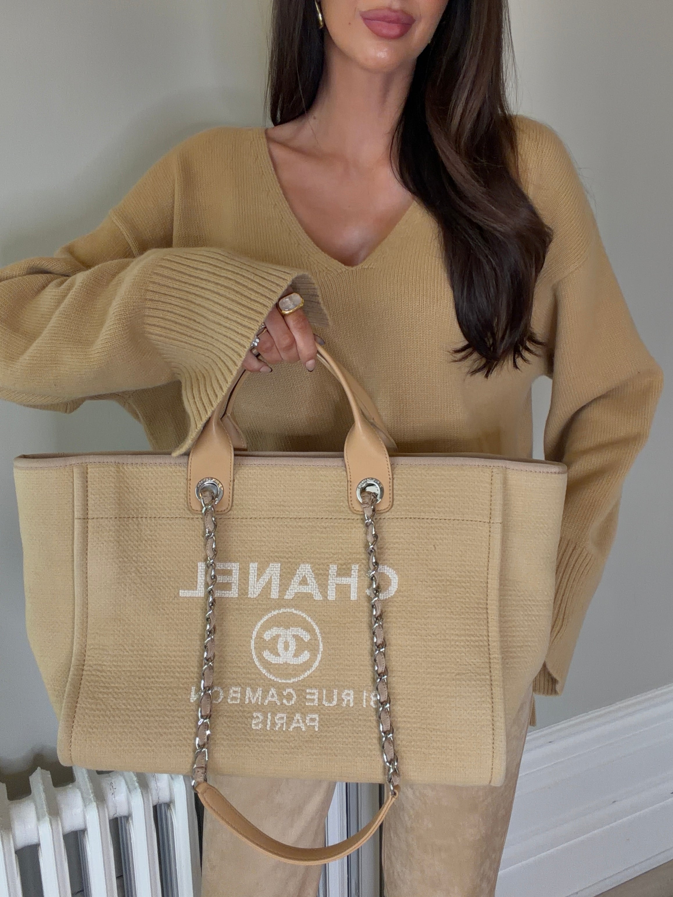 Chanel Large Deauville Tote Bag Large In Beige Fabric With Silver Hardware. Authentic and preloved In Very Good condition
