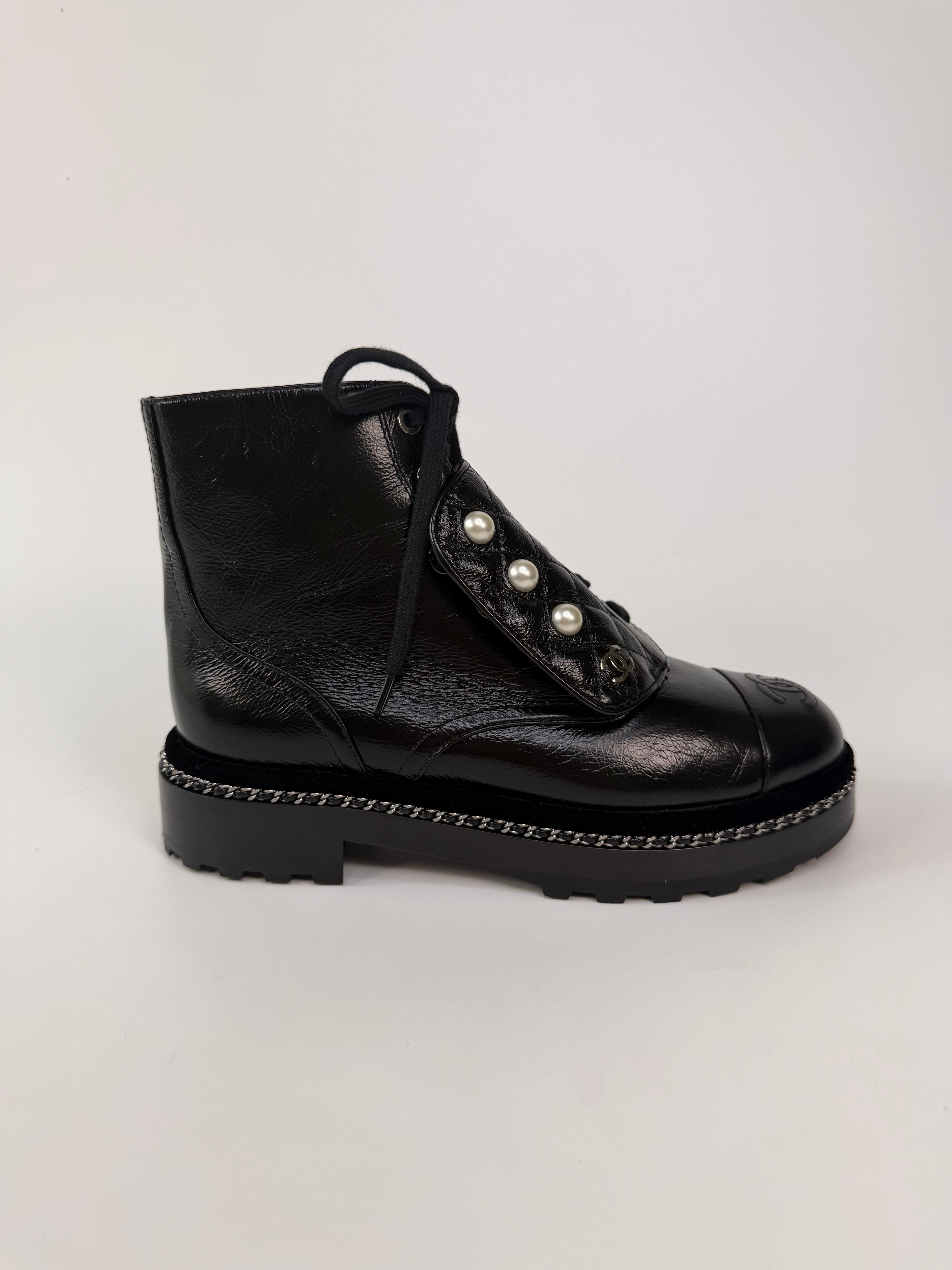 Chanel Pearl Ankle Boots Black Leather (Size 37/UK4). 100% authentic and preloved in excellent condition