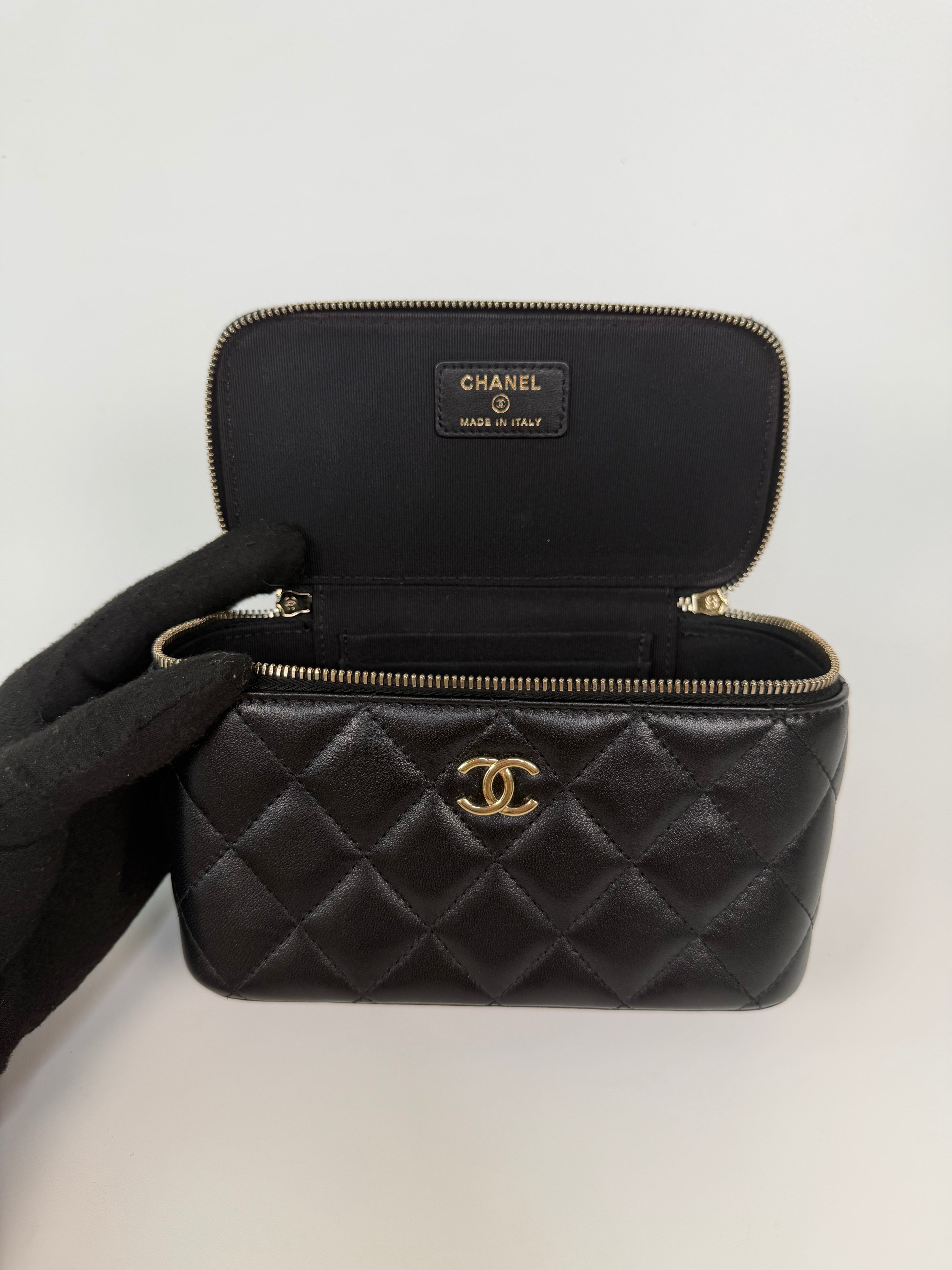 Chanel Vanity Top Handle In Black Lambskin With Pale Gold Hardware