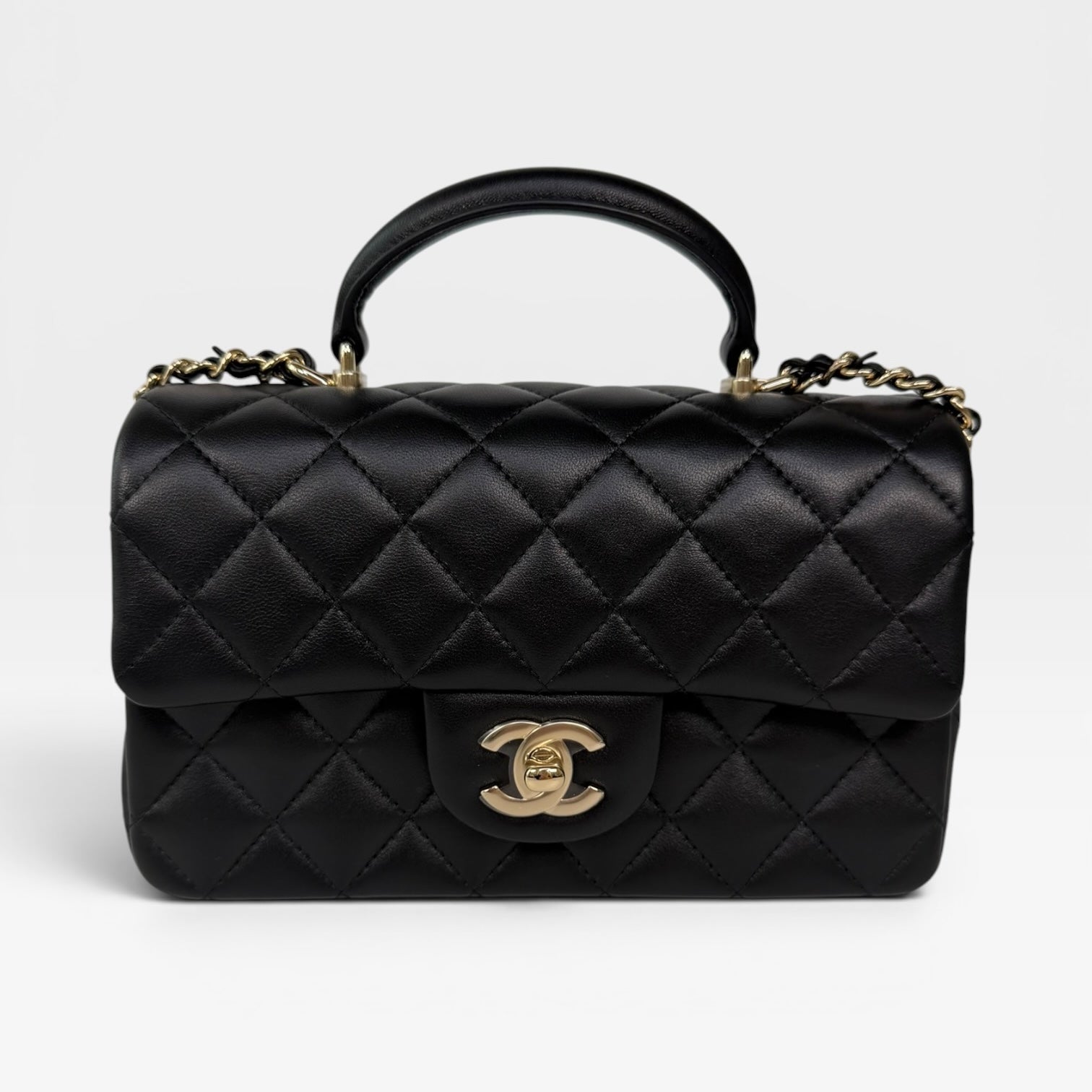 Chanel Mini Rectangle Top Handle In Black Lambskin Leather With Pale Gold Hardware