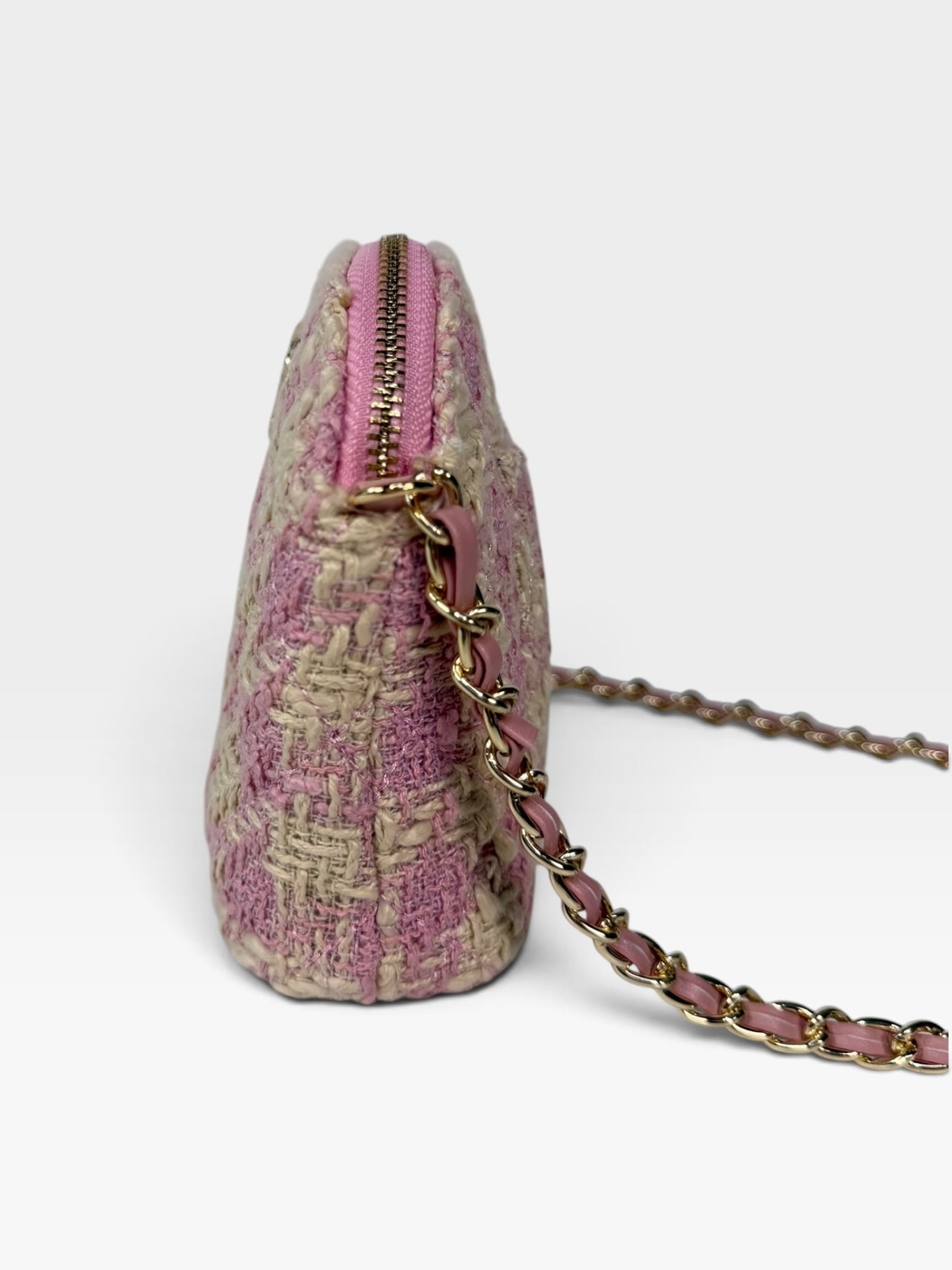 Chanel Mini Pouch On Chain Bag In Pink Tweed With Gold Hardware. 100% authentic and preloved in excellent condition.