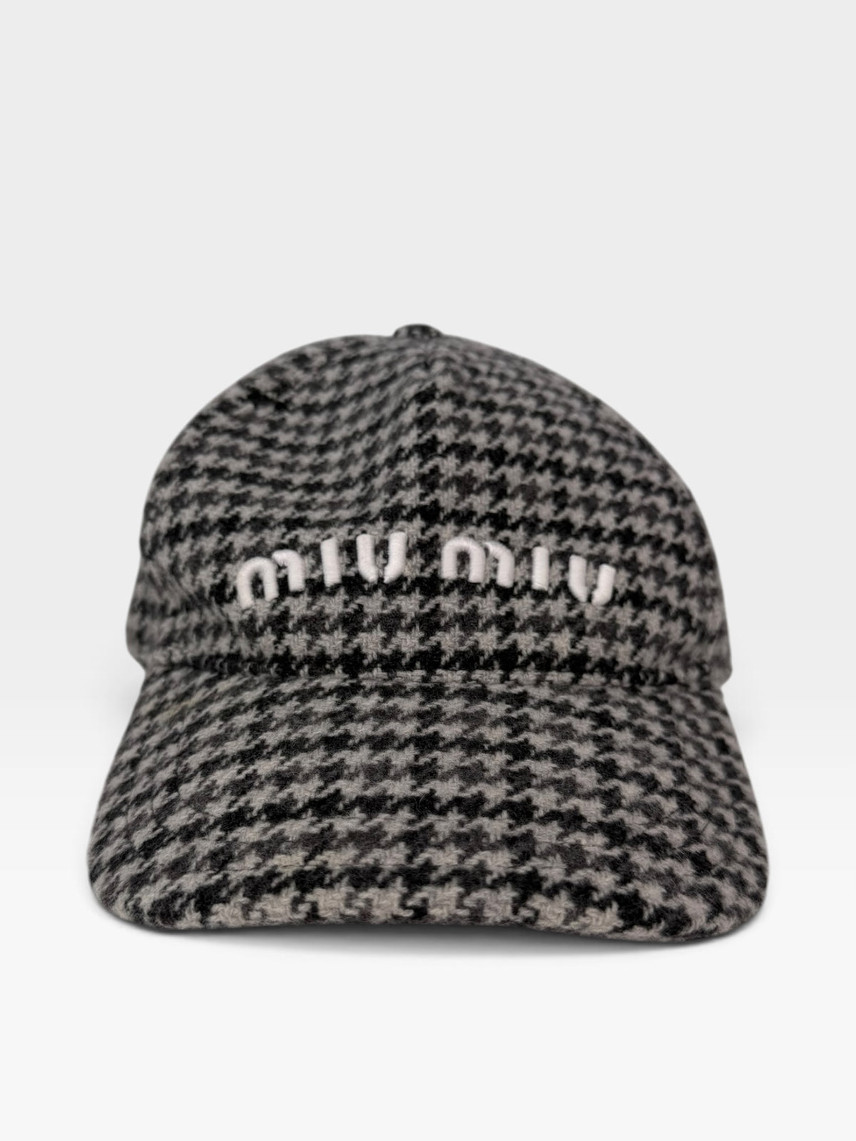 Miu Miu Virgin Wool Houndstooth Logo Embroidery Baseball Cap. Insured next day delivery . Verified by luxe cheshire