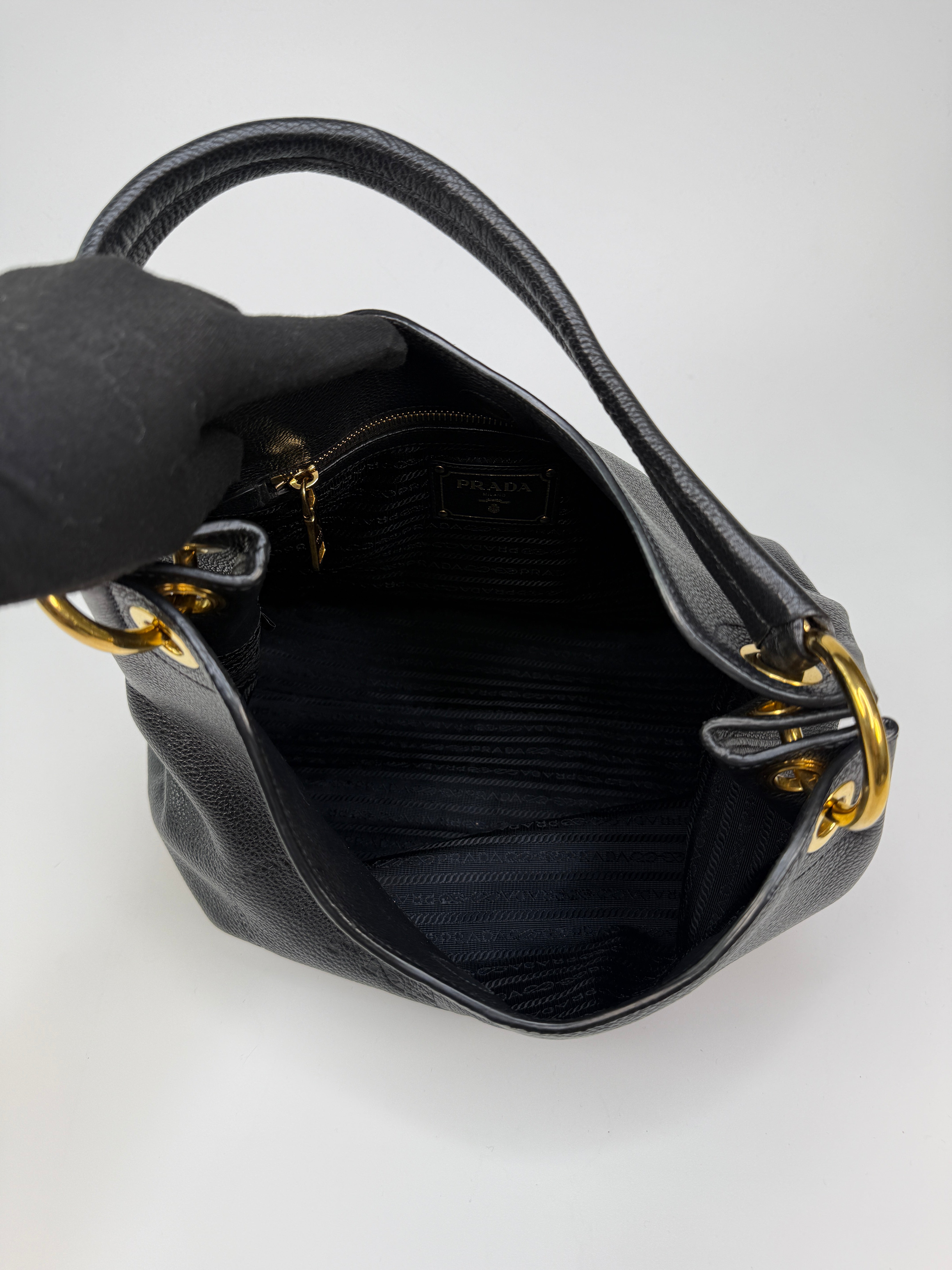 Prada Vitello Phenix Black Leather Logo Embossed Hobo Tote Bag