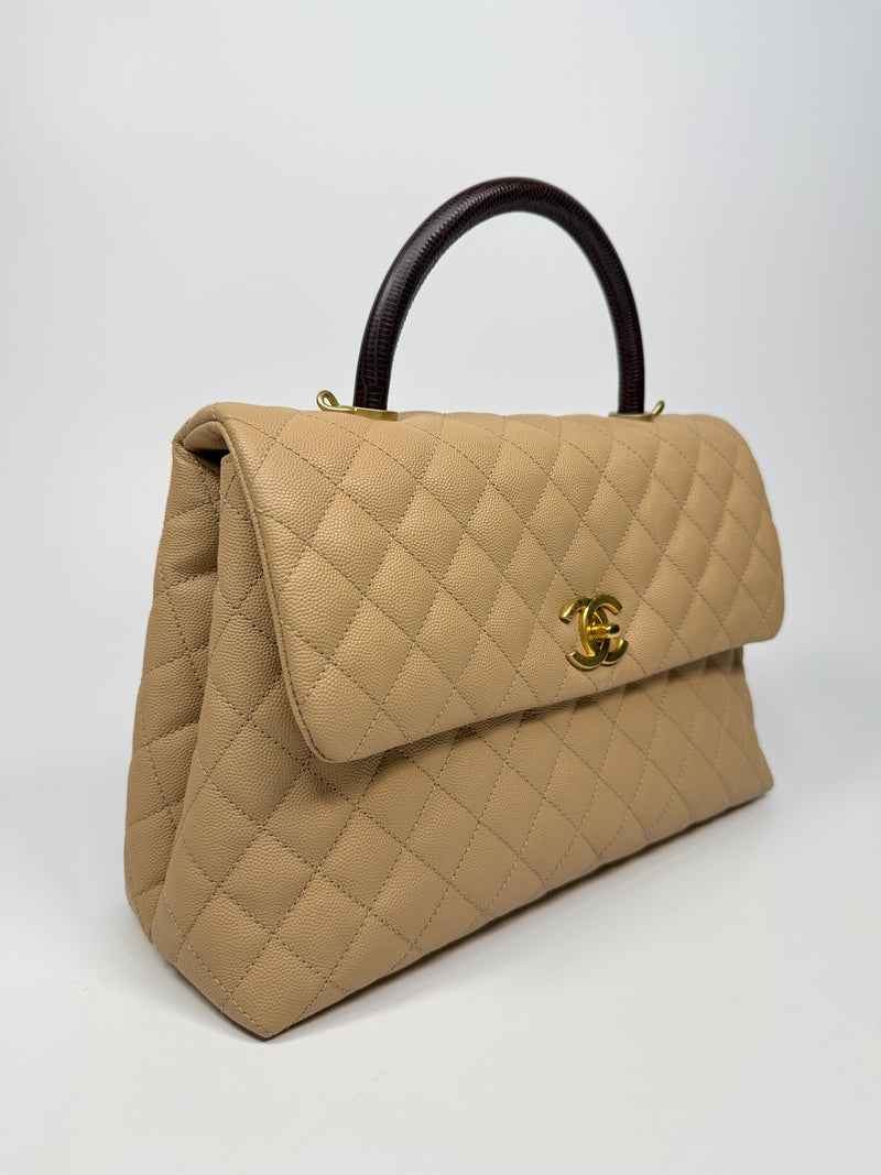 Chanel Coco Large Top Handle In Beige Caviar Leather With GHW