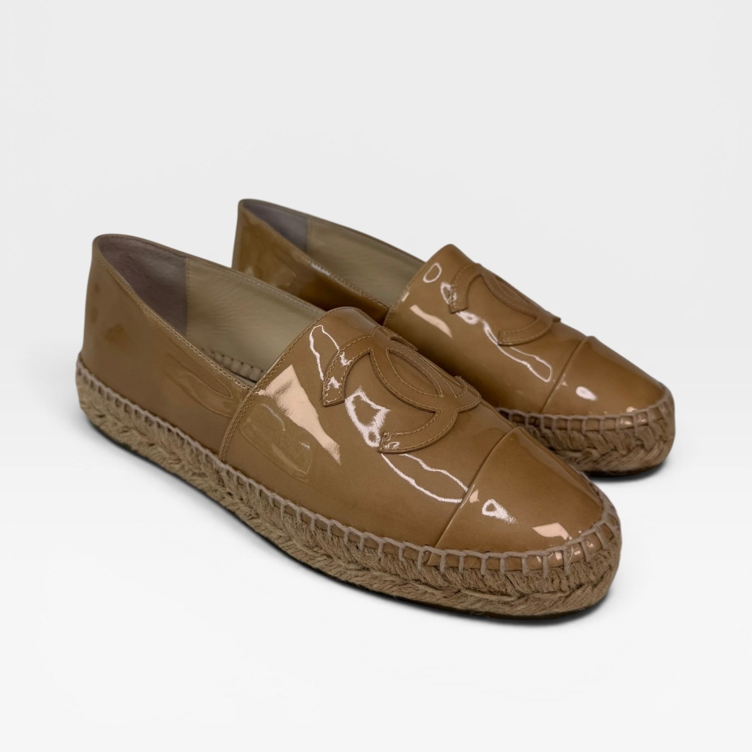 Chanel Espadrilles In Beige Patent Leather (Size 37/UK4) 100% authentic and preloved in excellent condition