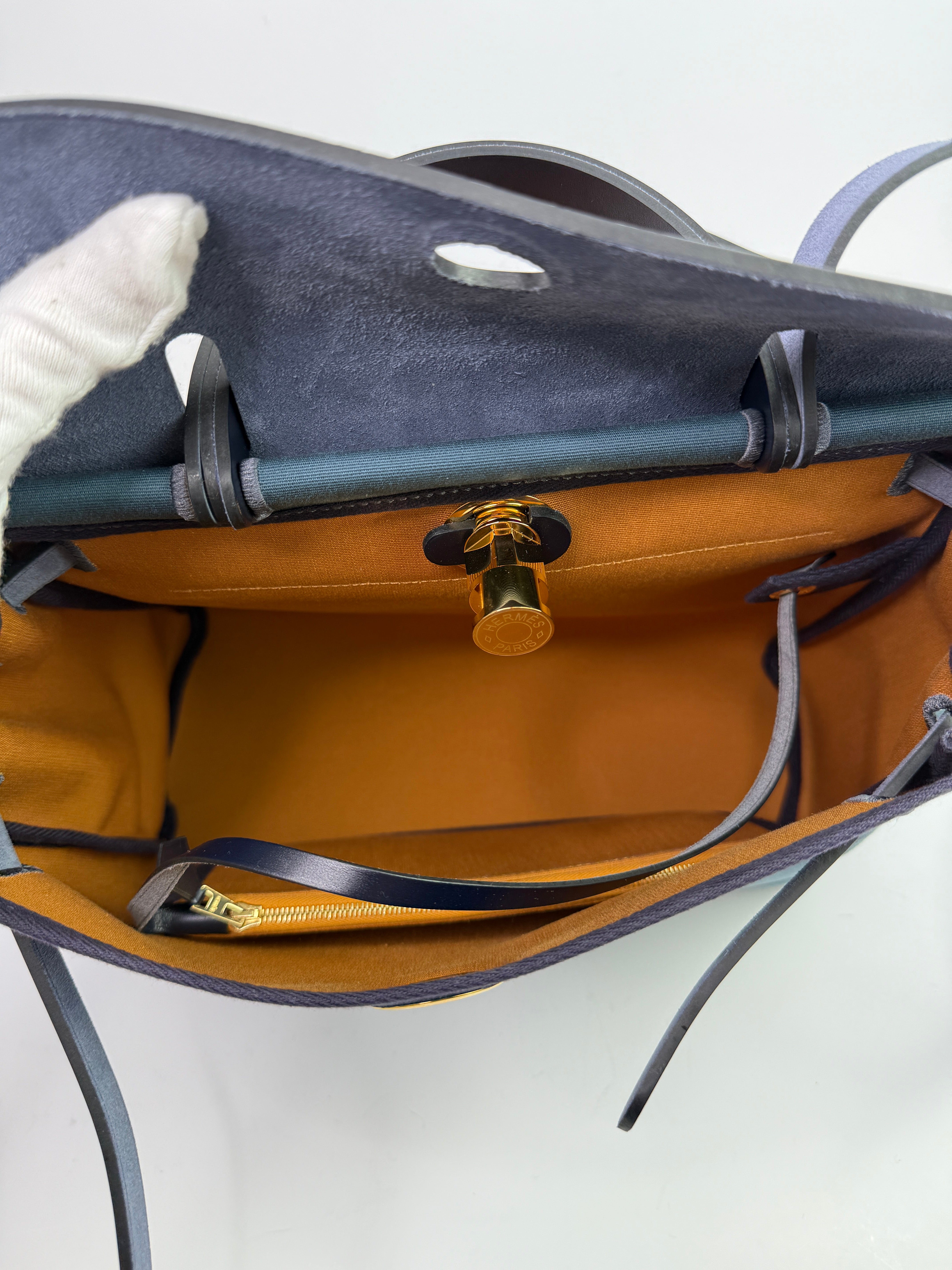 Hermès Herbag 31 Verso in Bleu Indigo and Sesame with GHW