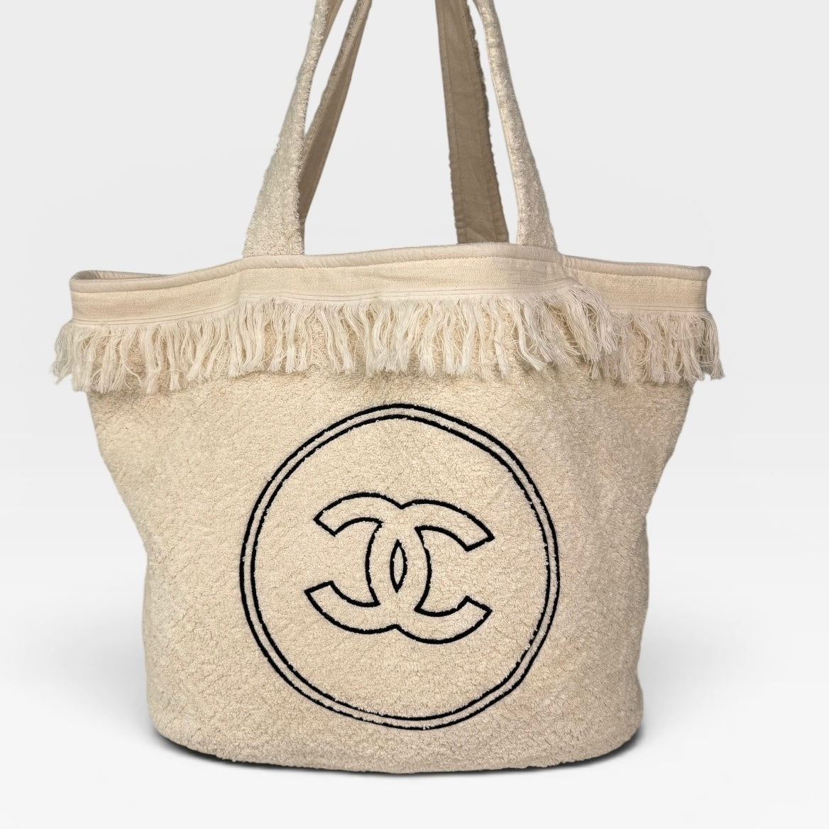 Chanel  Beach Bag In Cream Towelling
Authentic Pre Loved Verified by Luxe Cheshire Trusted Designer resale