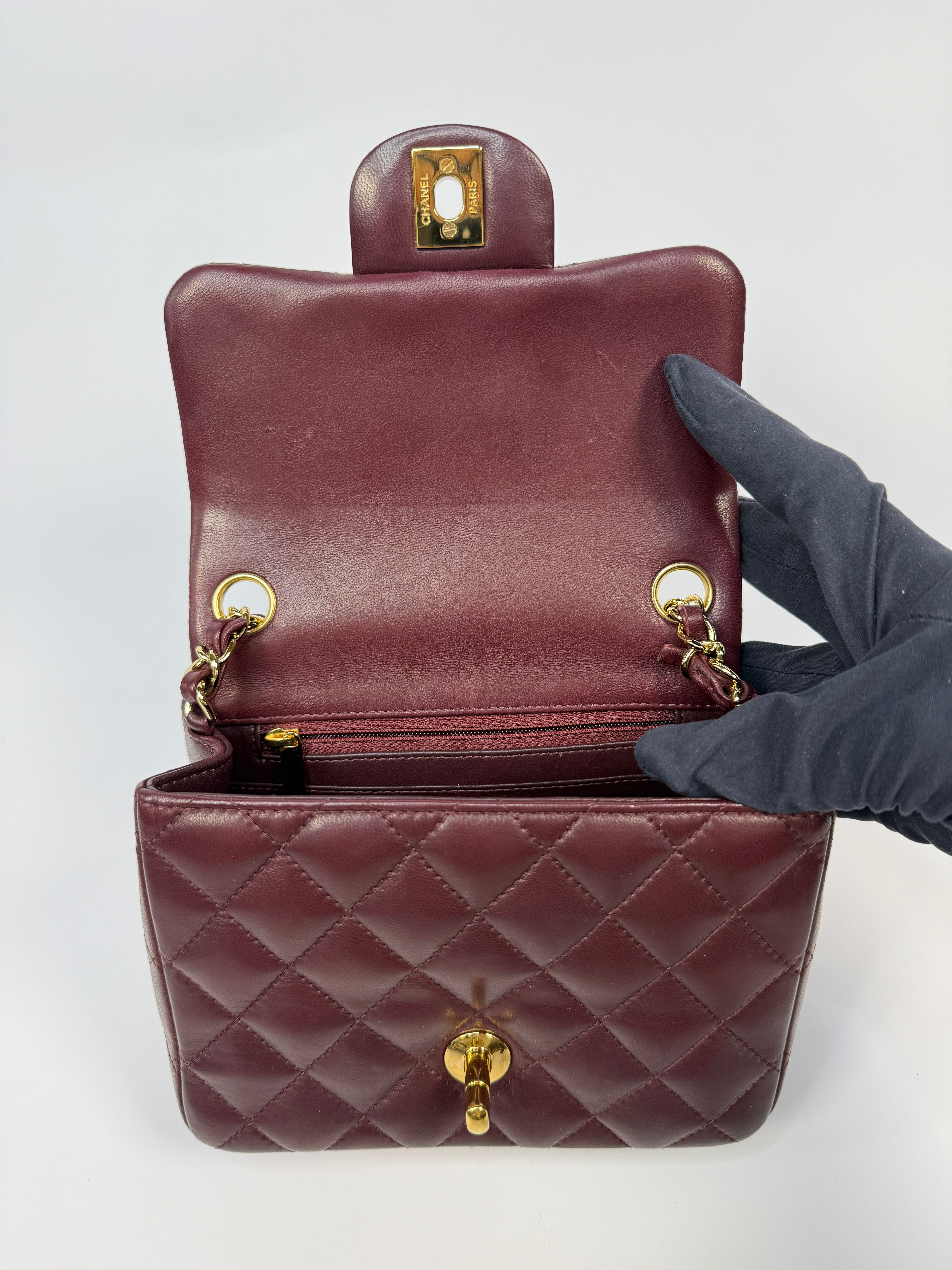 Chanel Mini Square In Burgundy Lambskin Leather With GHW