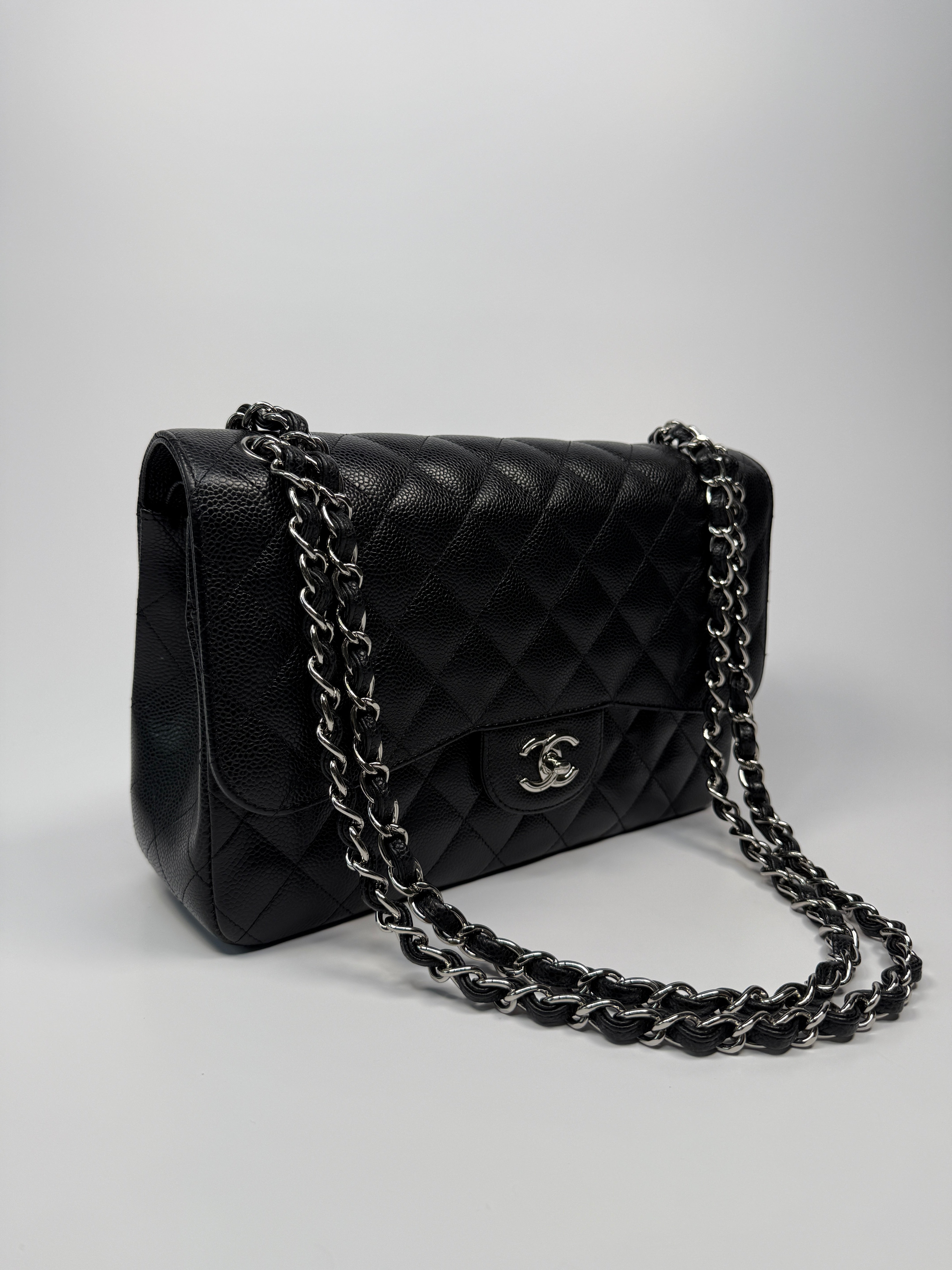 Chanel Black Caviar Leather Jumbo Classic Double Flap Silver Hardware
Pre Loved & Authentic 