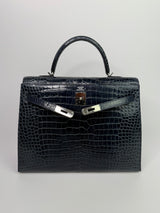 Hermès Kelly 35 In Bleu Crocodile Porosus Lisse With PHW