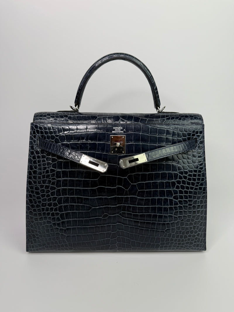 Hermès Kelly 35 In Bleu Crocodile Porosus Lisse With PHW