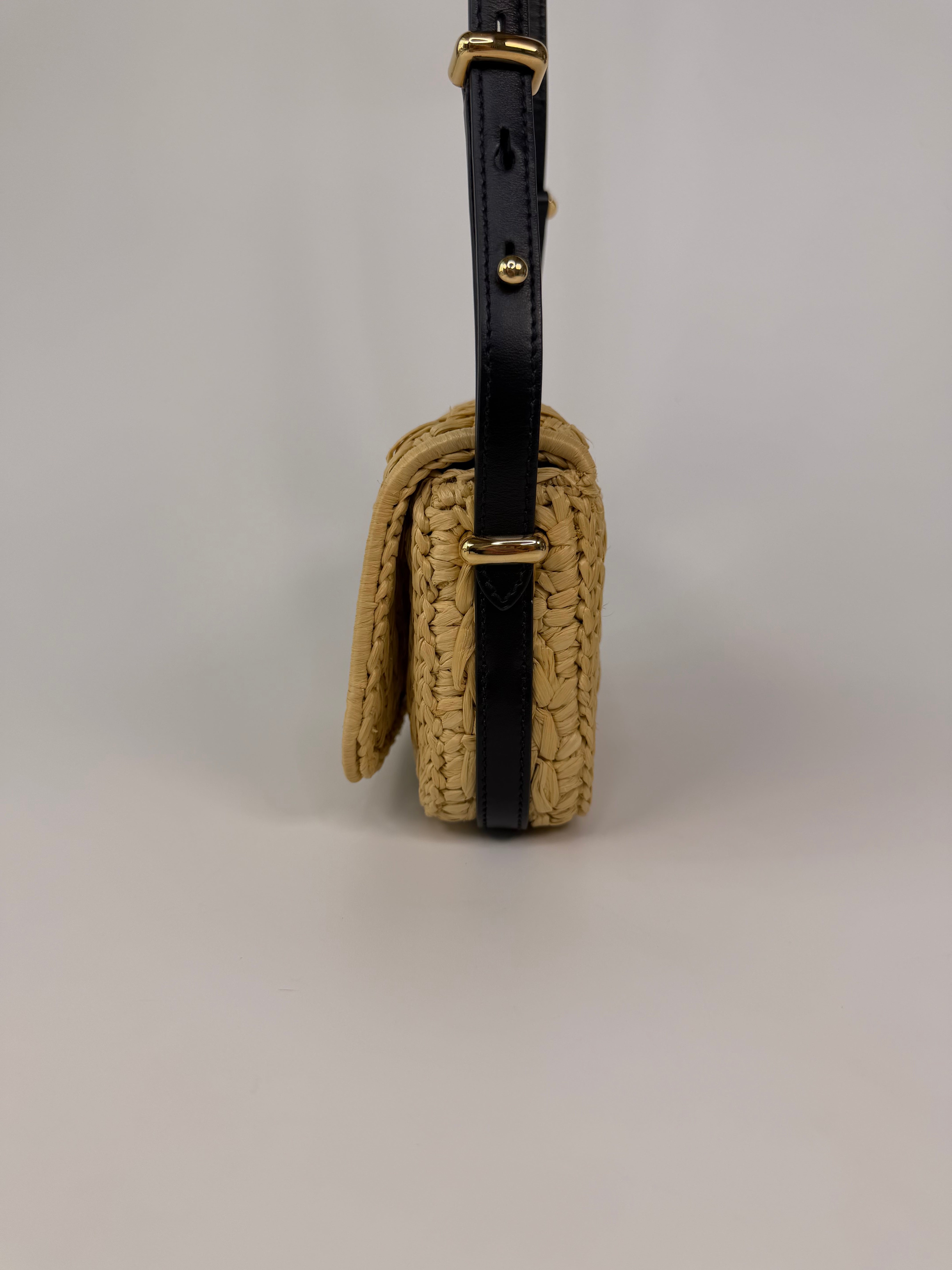 Prada Small Logo Shoulder Bag In Natural Raffia With Gold Hardware
