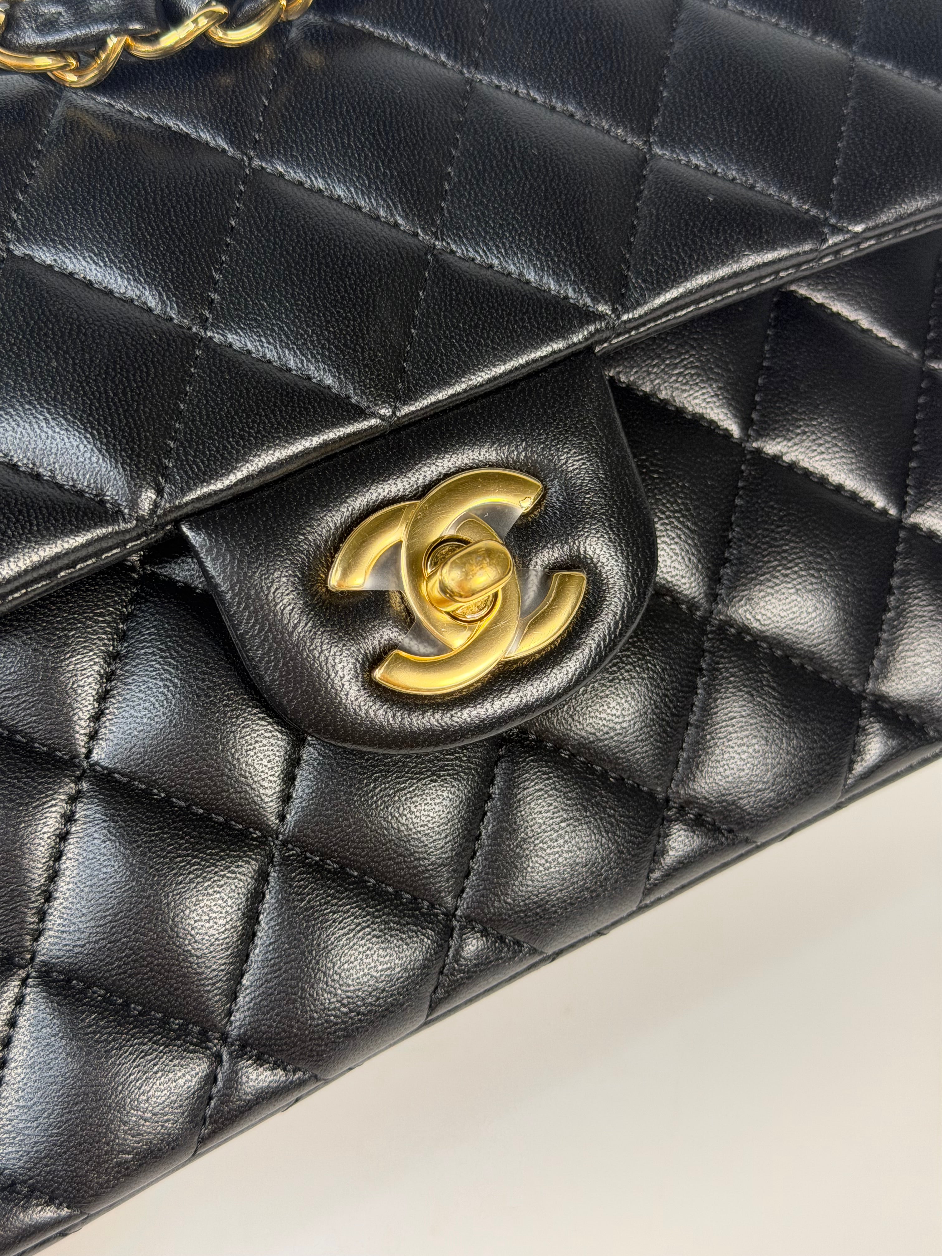 Chanel Small Classic Double Flap In Black Lambskin Leather With Gold Hardware in excellent condition 100% authentic and preloved