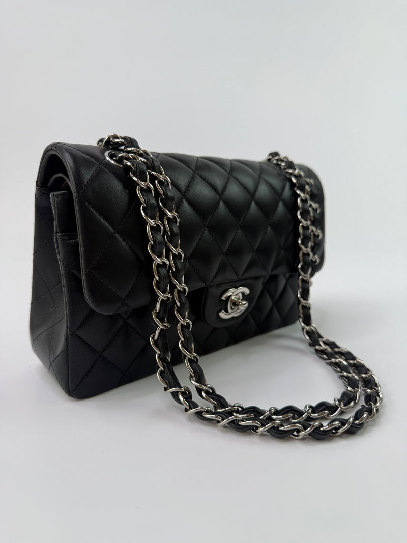 Chanel Small Classic Double Flap In Black Lambskin Leather With SHW