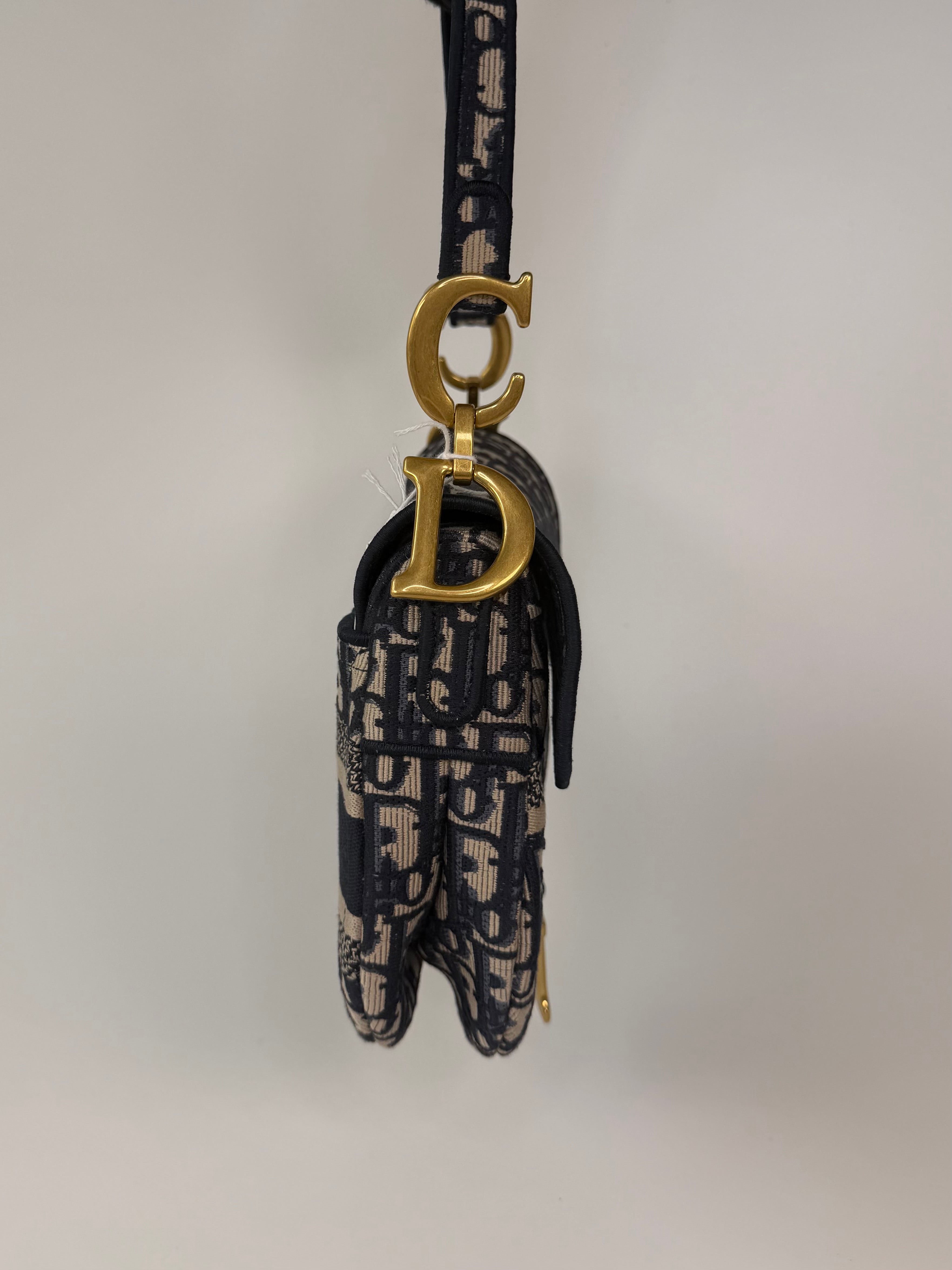 Christian Dior Saddle Bag In Blue Oblique Canvas With Gold Hardware