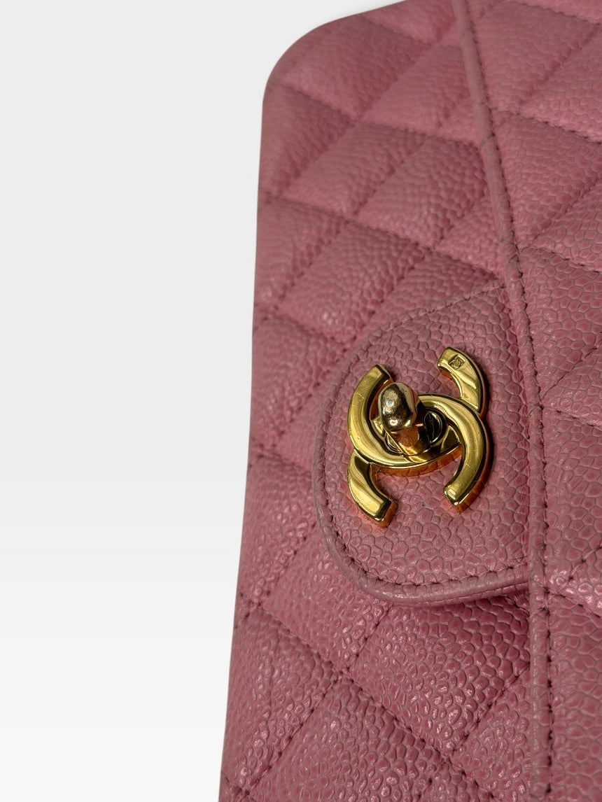 Chanel Vintage Medium Classic Double Flap In Pink Caviar Leather With 24Kt Gold Hardware 100% authentic and preloved in excellent condition