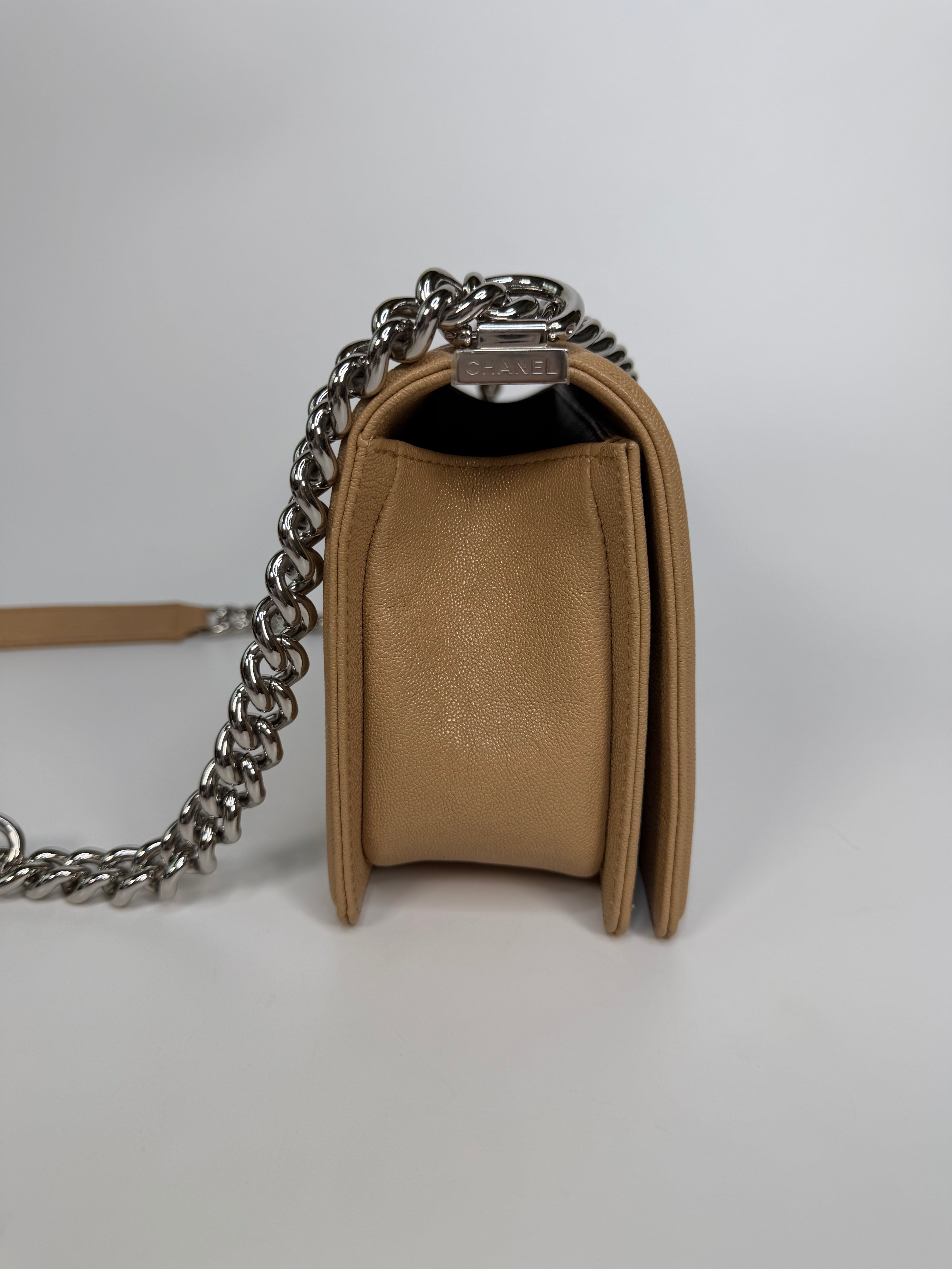Chanel Medium Boy Bag Beige Caviar With Silver Hardware. Authentic and preloved in excellent condition