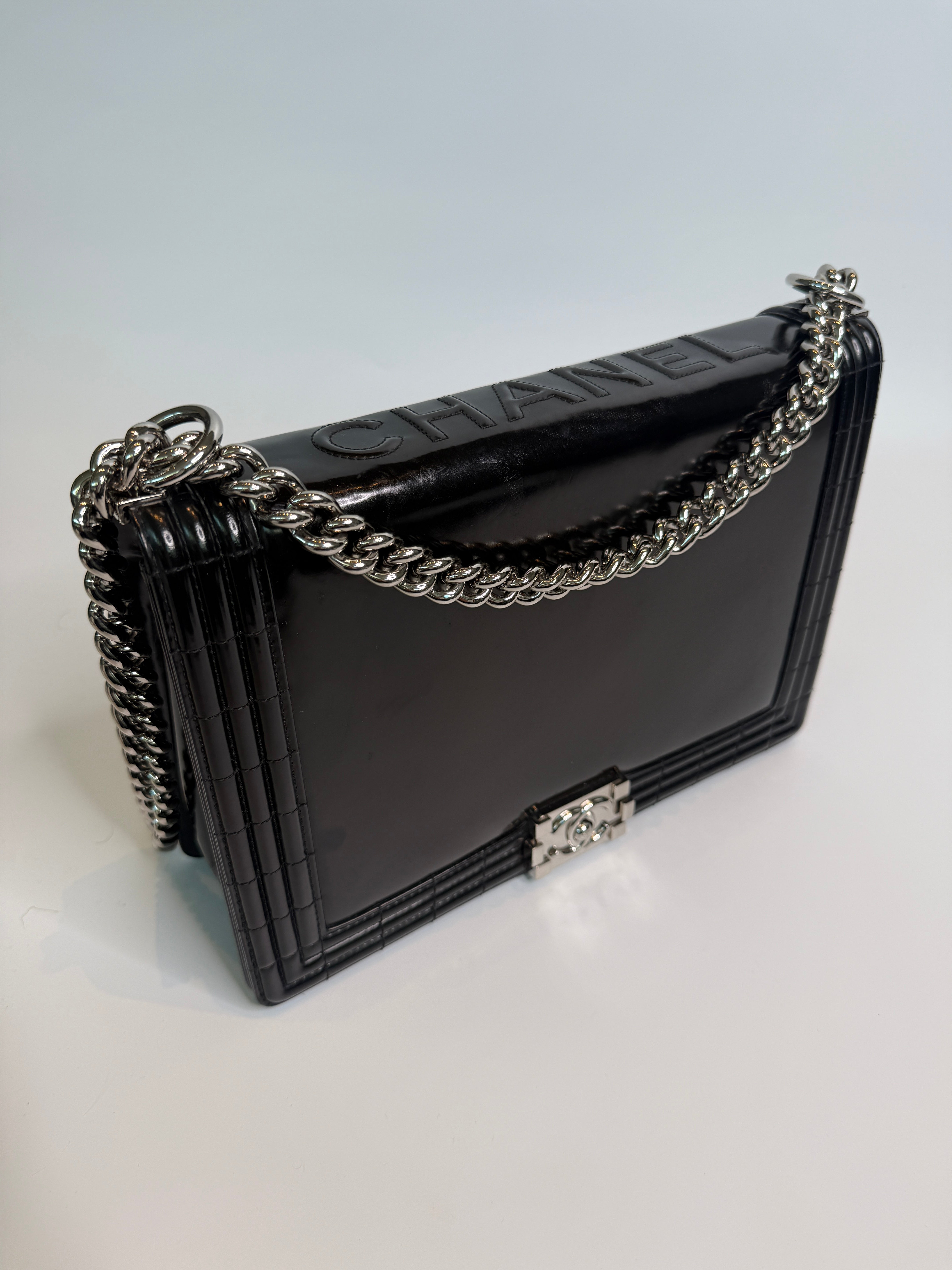 Authentic Pre Loved Chanel Large Boy Bag In Black Patent Leather With Silver Hardware
