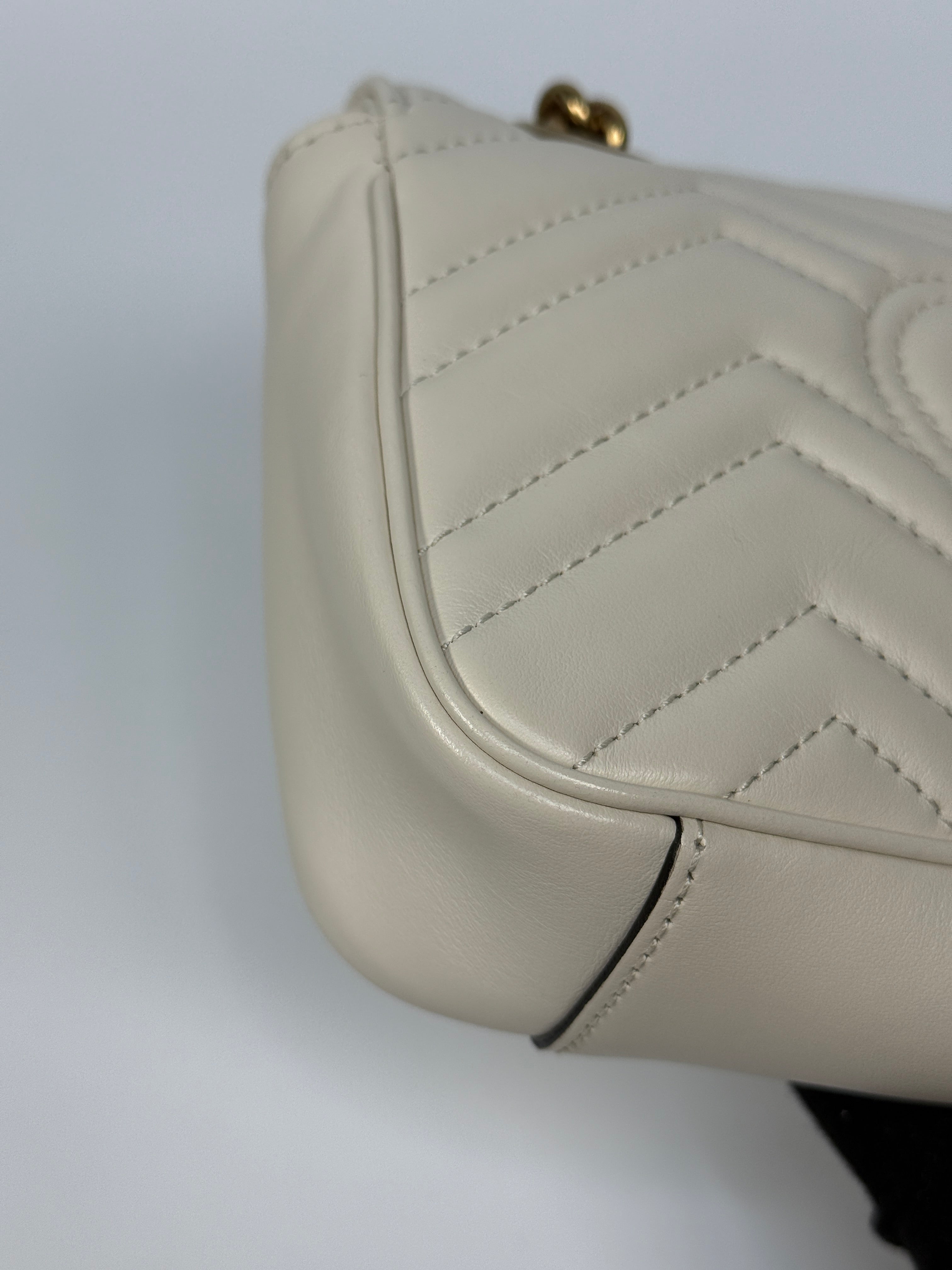 Gucci GG Small Marmont Matelasse Shoulder Bag In Ivory Leather With Gold Hardware 