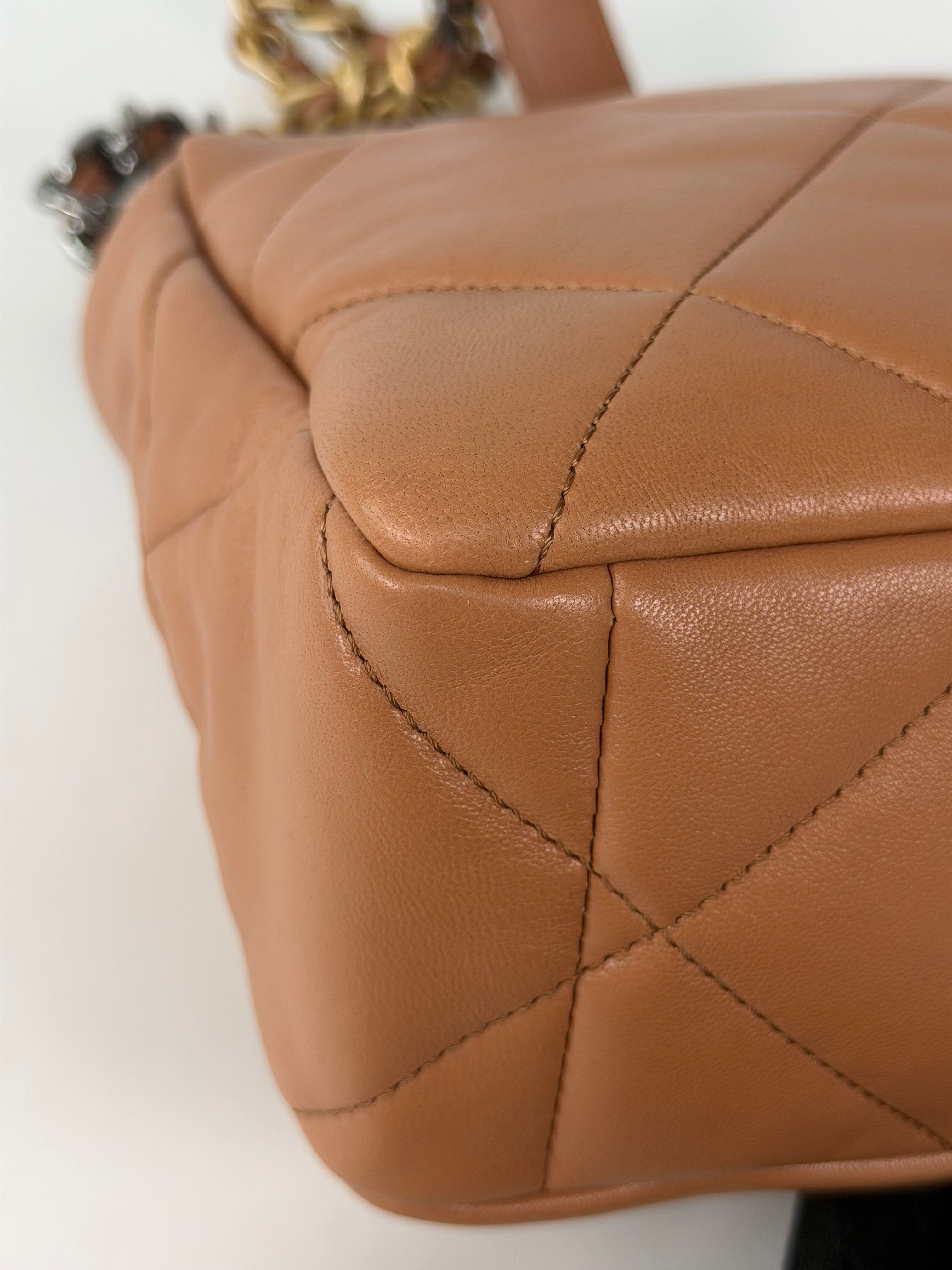 Chanel 19 Medium In Camel Lambskin Leather With Mixed Hardware in excellent condition 100% authentic and preloved