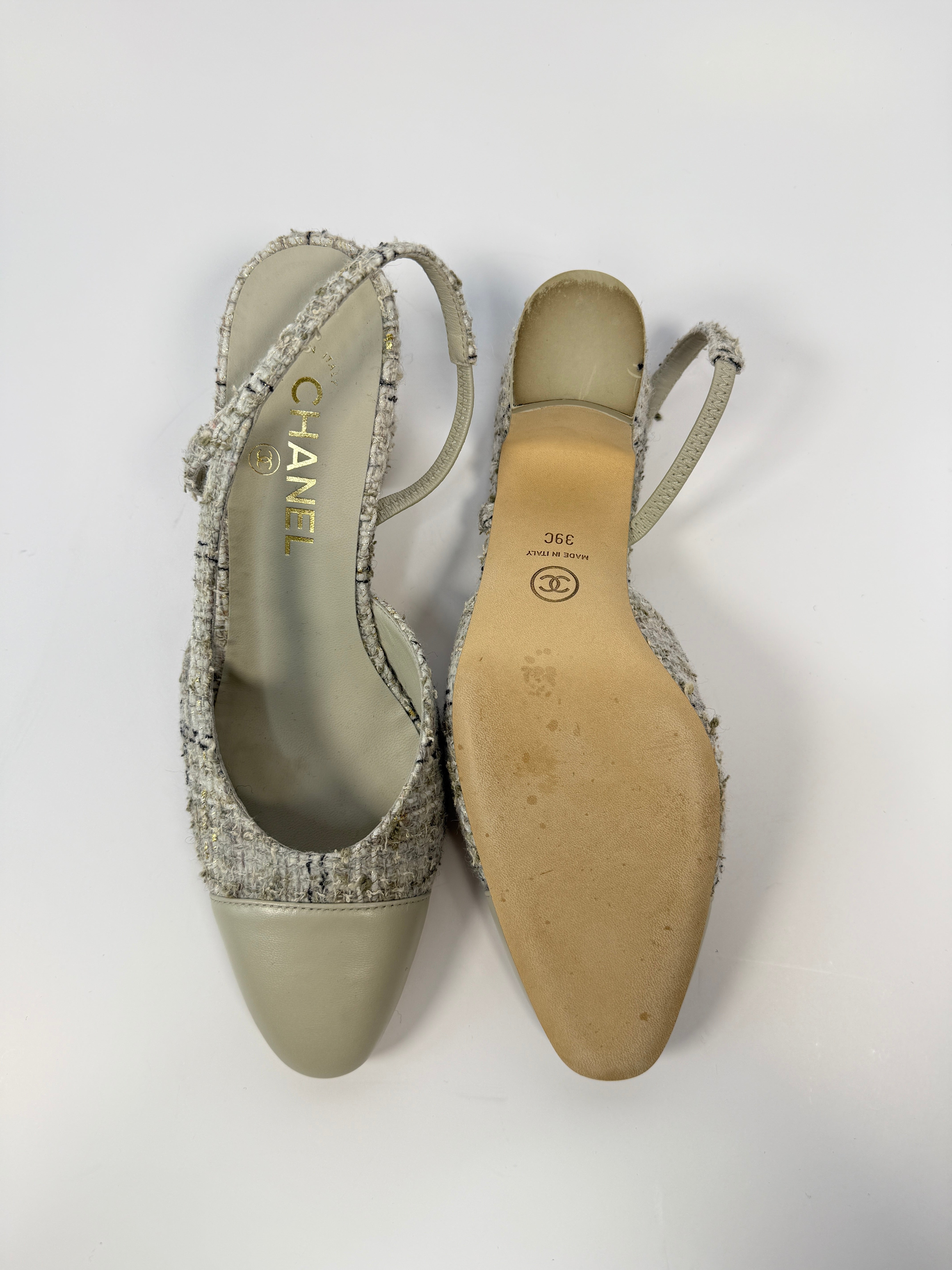 Chanel Tweed Slingback Pumps Size 39/UK 6, authentic and preloved in excellent condition