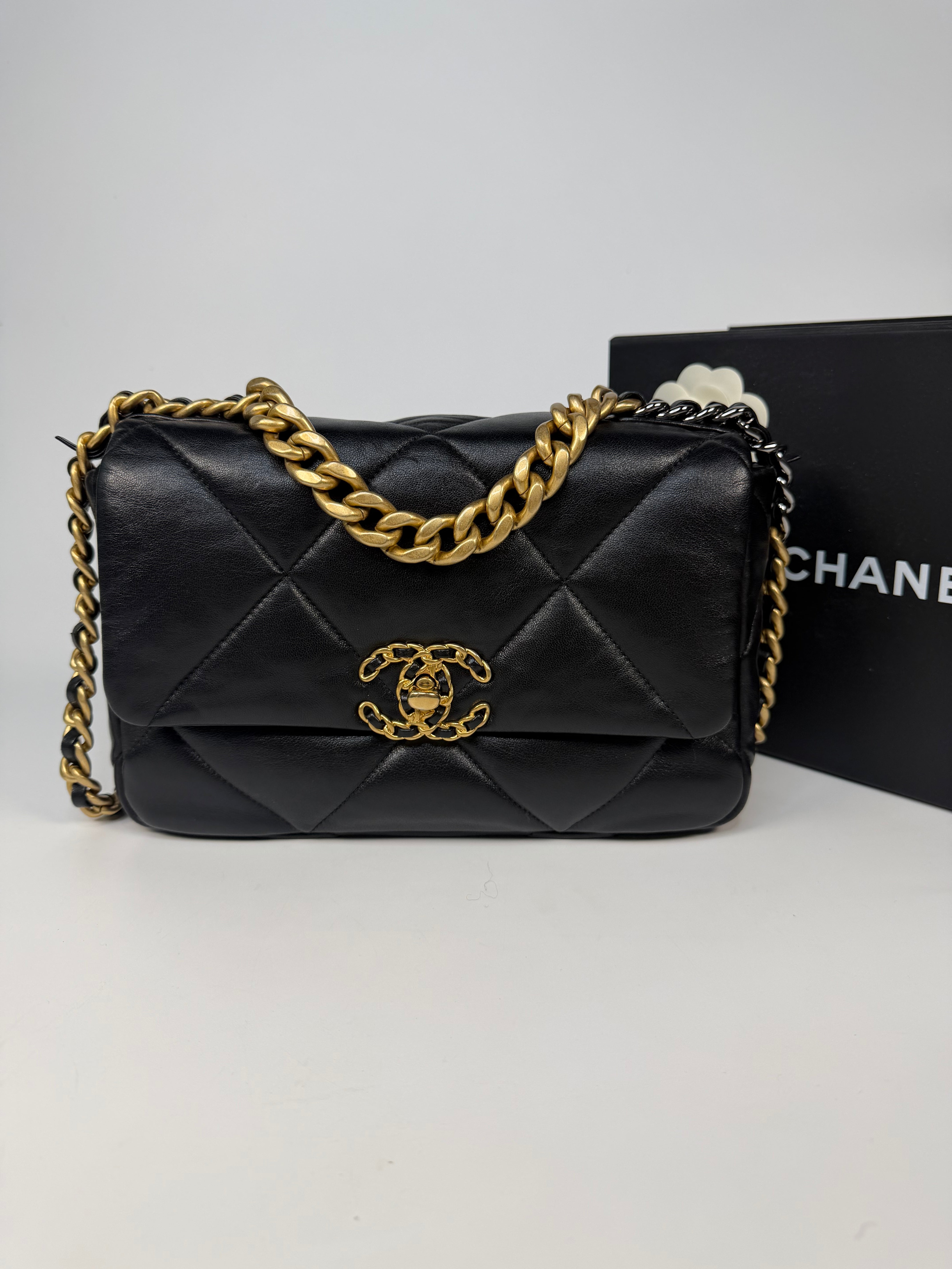 Chanel 19 Small In Black & White Leather With Mixed Hardware. Authentic and preloved in very good condition. Verified by Luxe Cheshire.