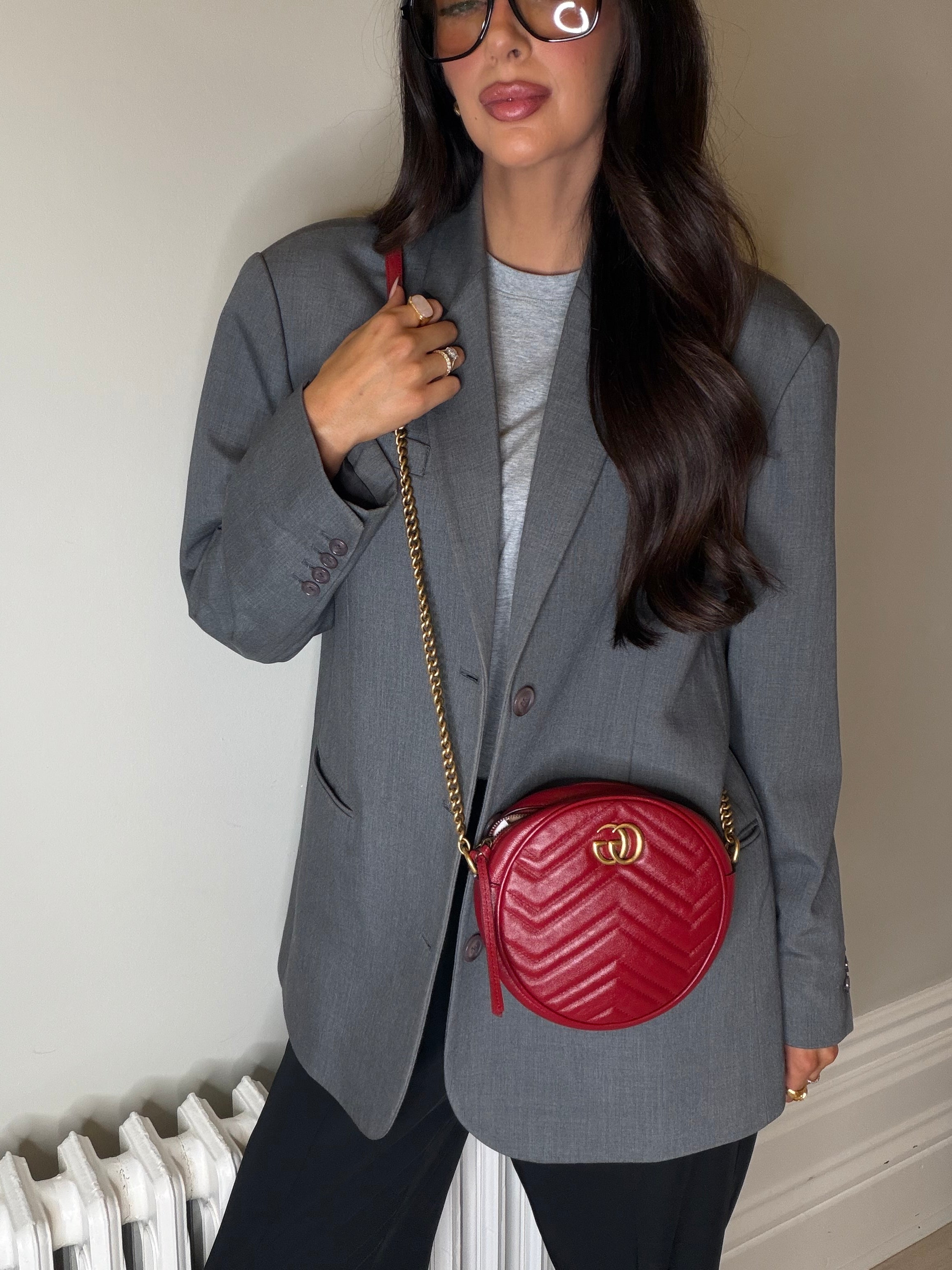 Gucci GG Marmont Round Shoulder Bag In Red Leather, very good condition. Authentic and preloved. 100% Authenticity guarantee