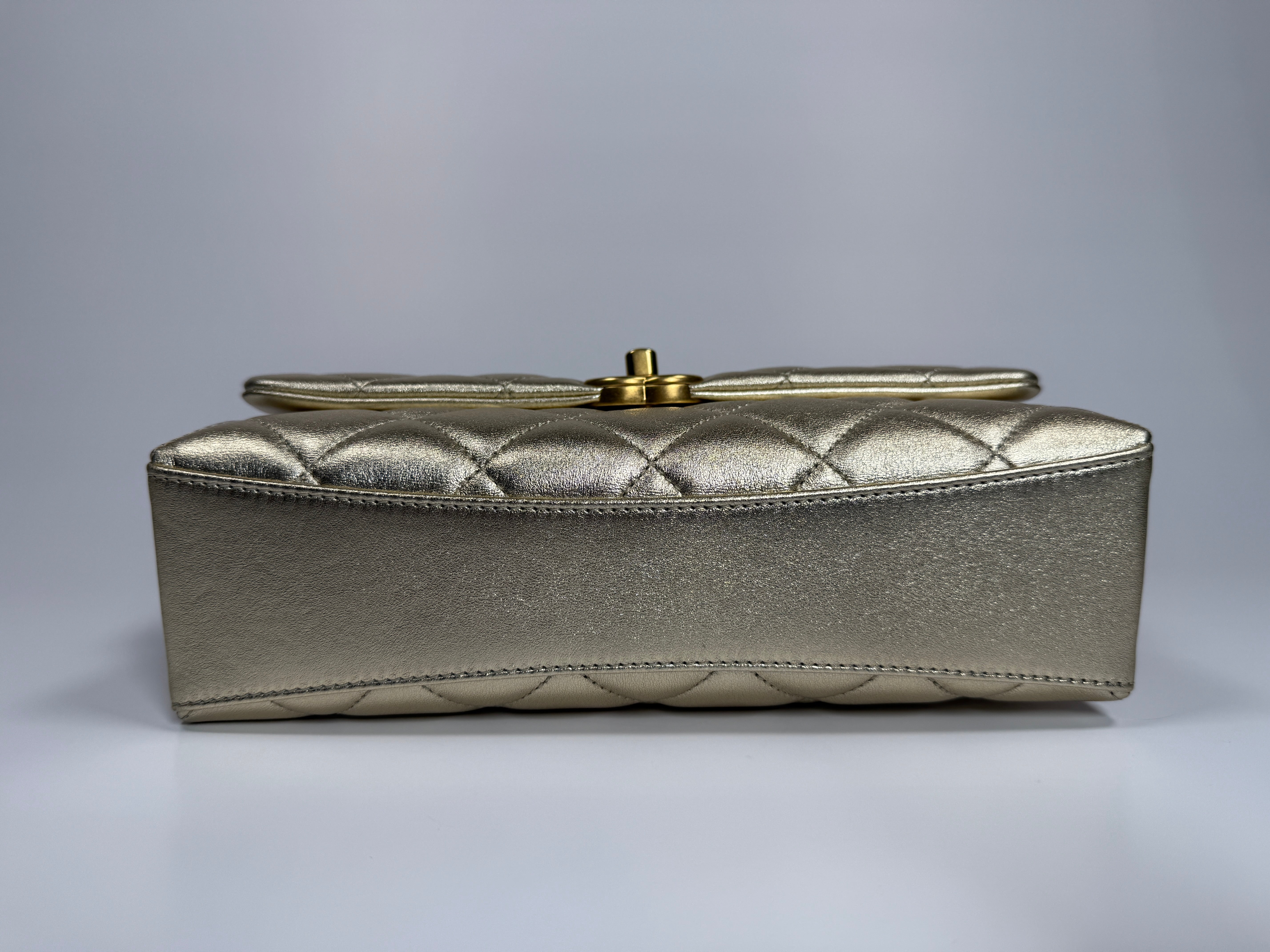 Chanel Mini Pearl Top Handle Flap Bag Metallic Gold Lambskin With GHW