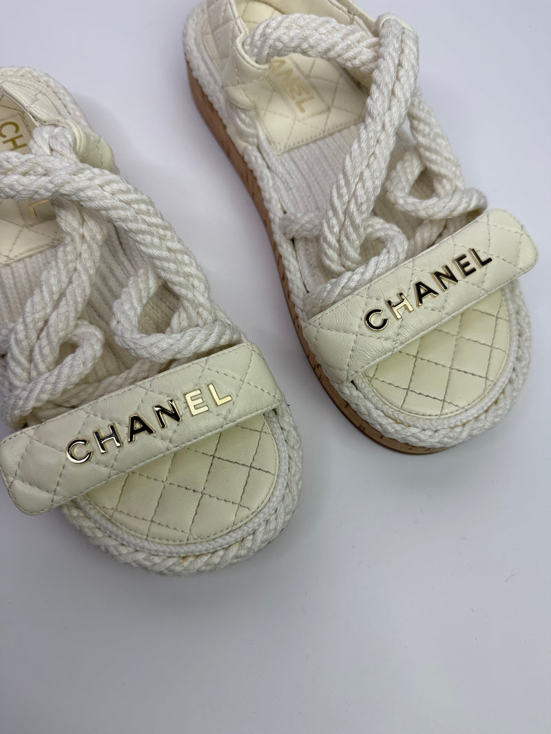 Chanel Ivory Cord And Lambskin Sandals (Size 38/UK5)