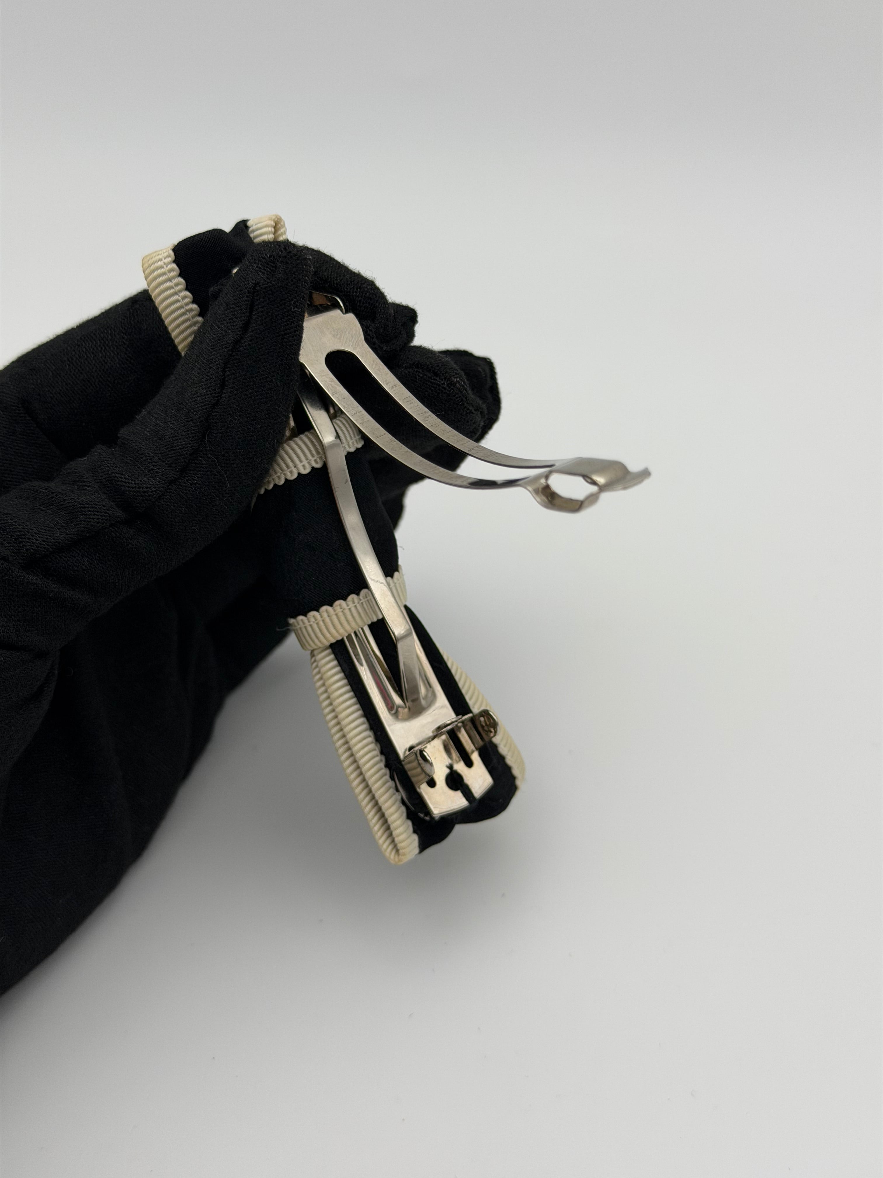 Chanel CC Logo Ribbon Bow Barrette In Black & Ivory Fabric With Silver Hardware