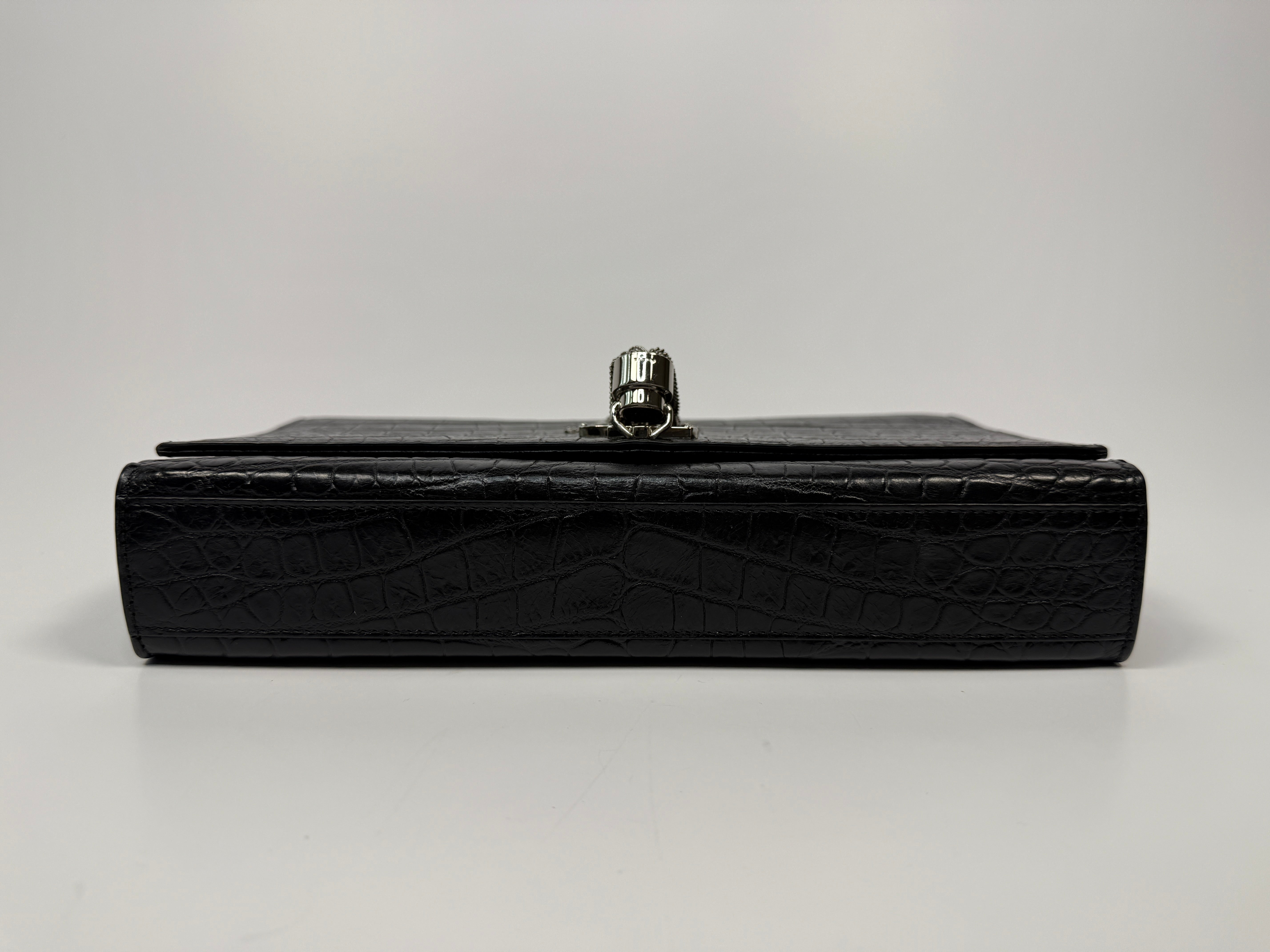 Saint Laurent Black Croc Embossed Kate Tassel Bag With Silver Hardware. Authentic and preloved in excellent condition. 