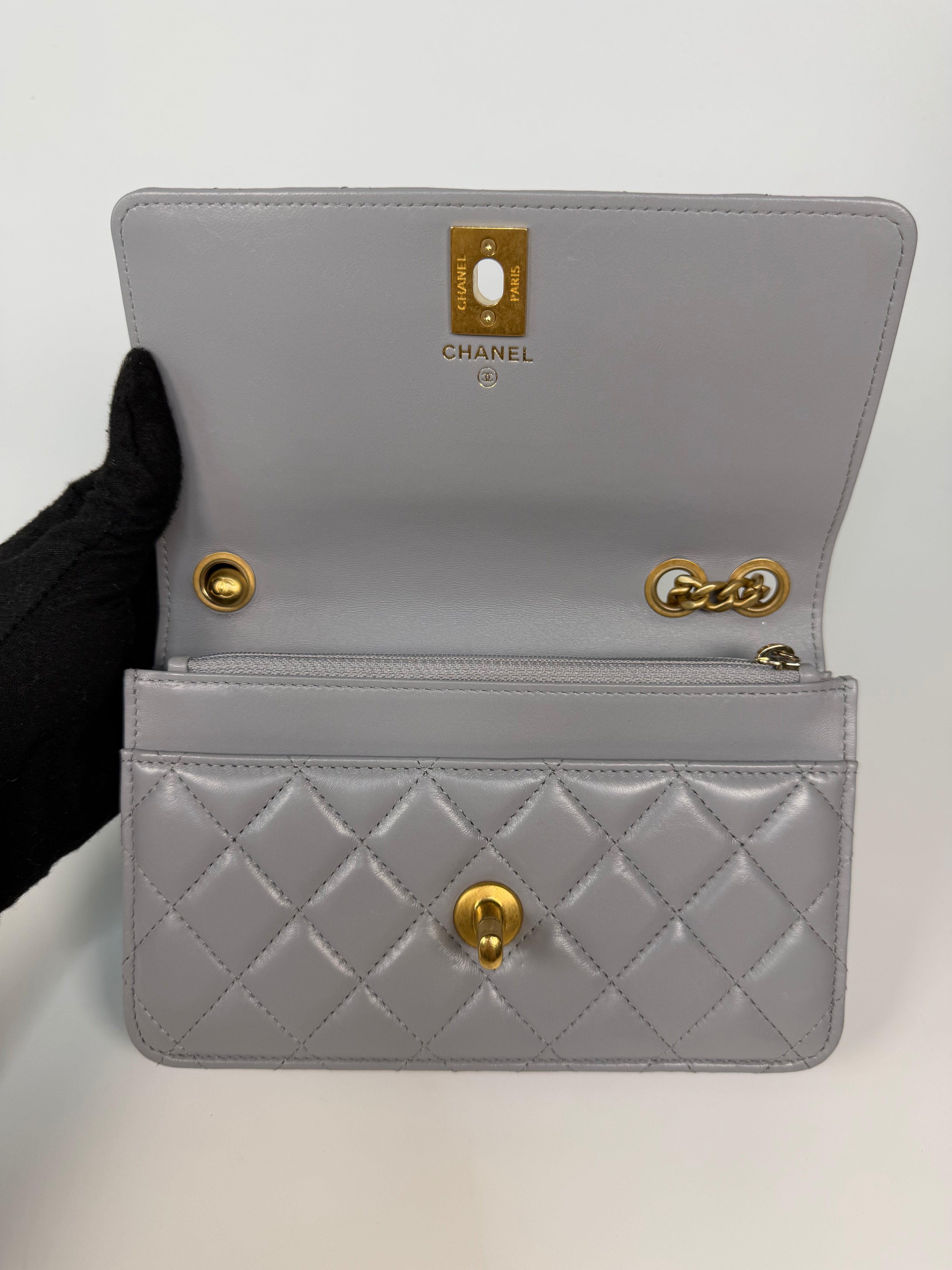 Chanel Pearl Crush Wallet On Chain In Grey Lambskin Leather With Gold Hardware