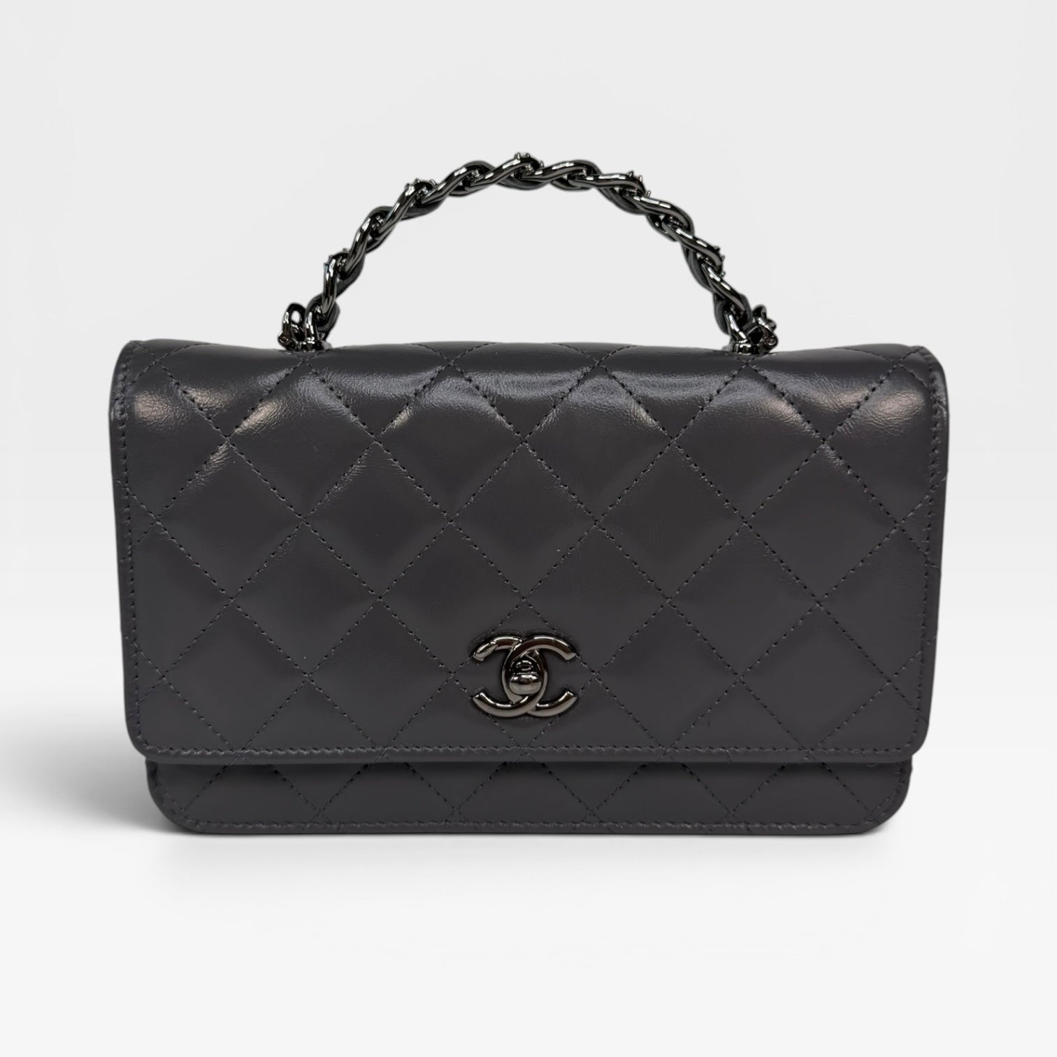 Chanel Wallet On Chain Top Handle In Grey Lambskin With Ruthenium Hardware. Authentic and preloved in excellent condition. 100% guarantee