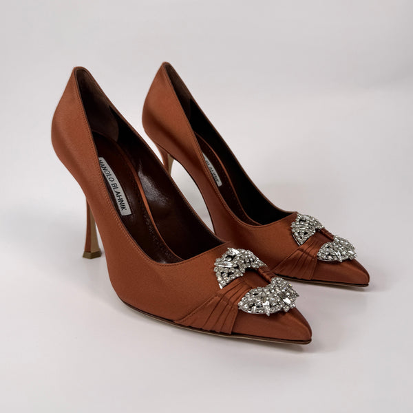 Monolo Blahnik  Hangisi 90 Brown satin pumps (Size 39/UK6)