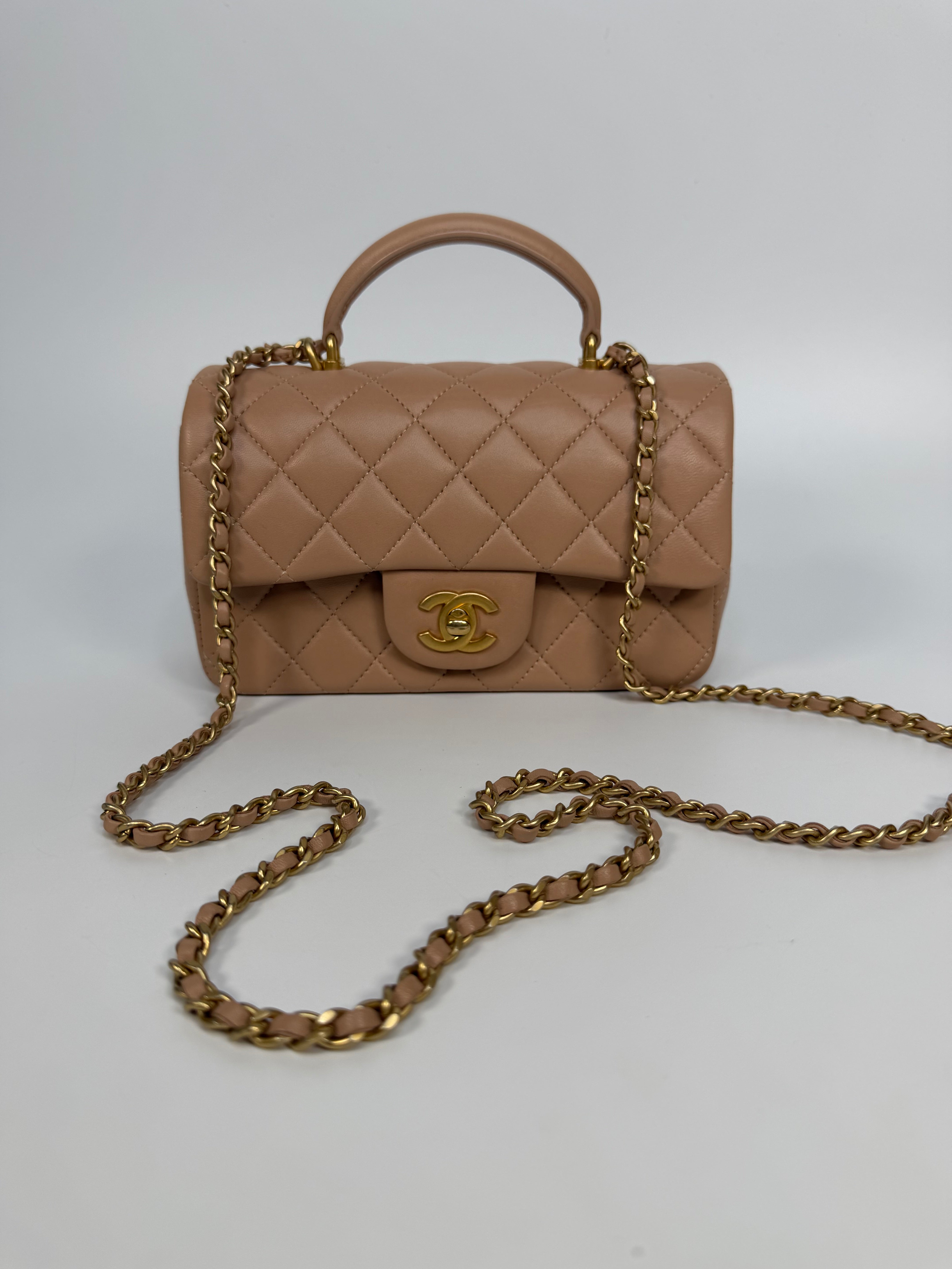 Chanel Mini Rectangle Top Handle In Beige Lambskin Leather Gold Hardware