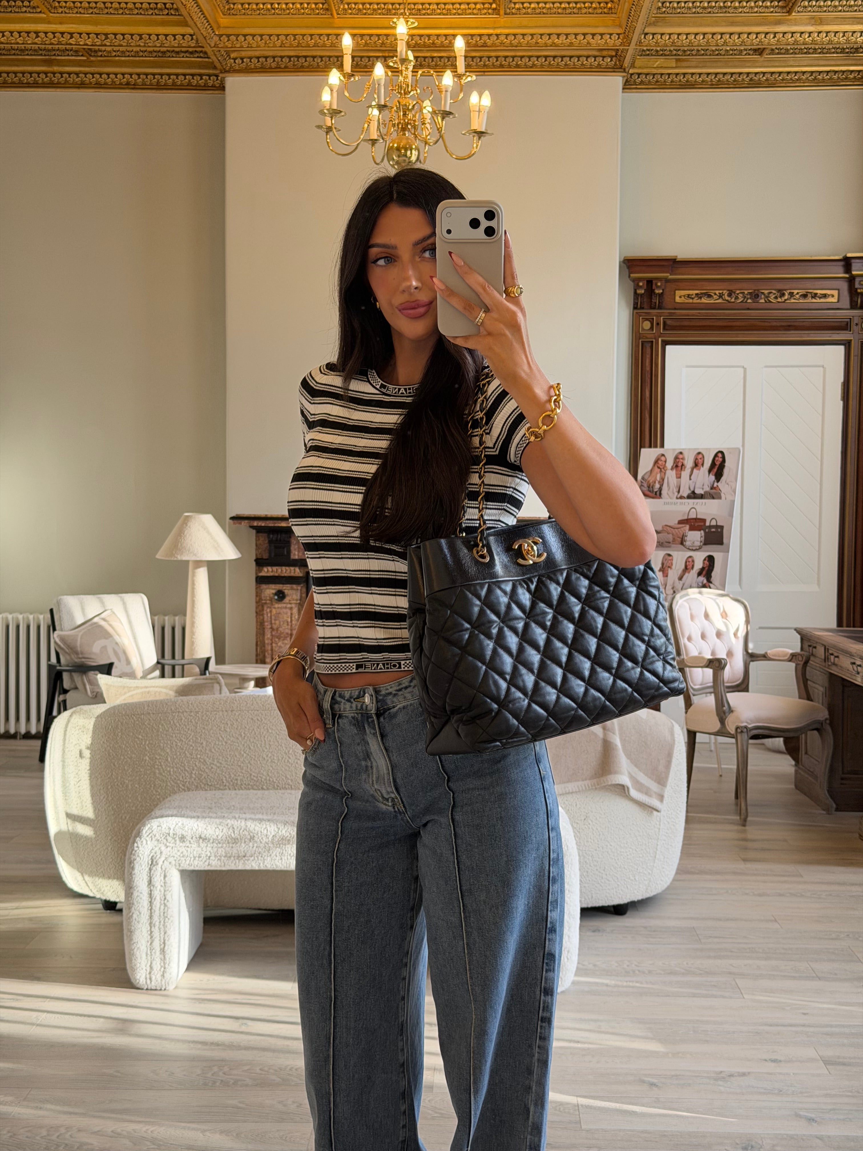 Chanel Medium Soft Elegance Tote Bag Black Gold Hardware