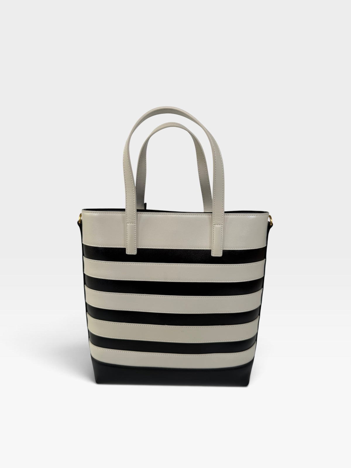 Saint Laurent Striped Tote In Black & White Leather With Gold Hardware 100% authentic and preloved in excellent condition