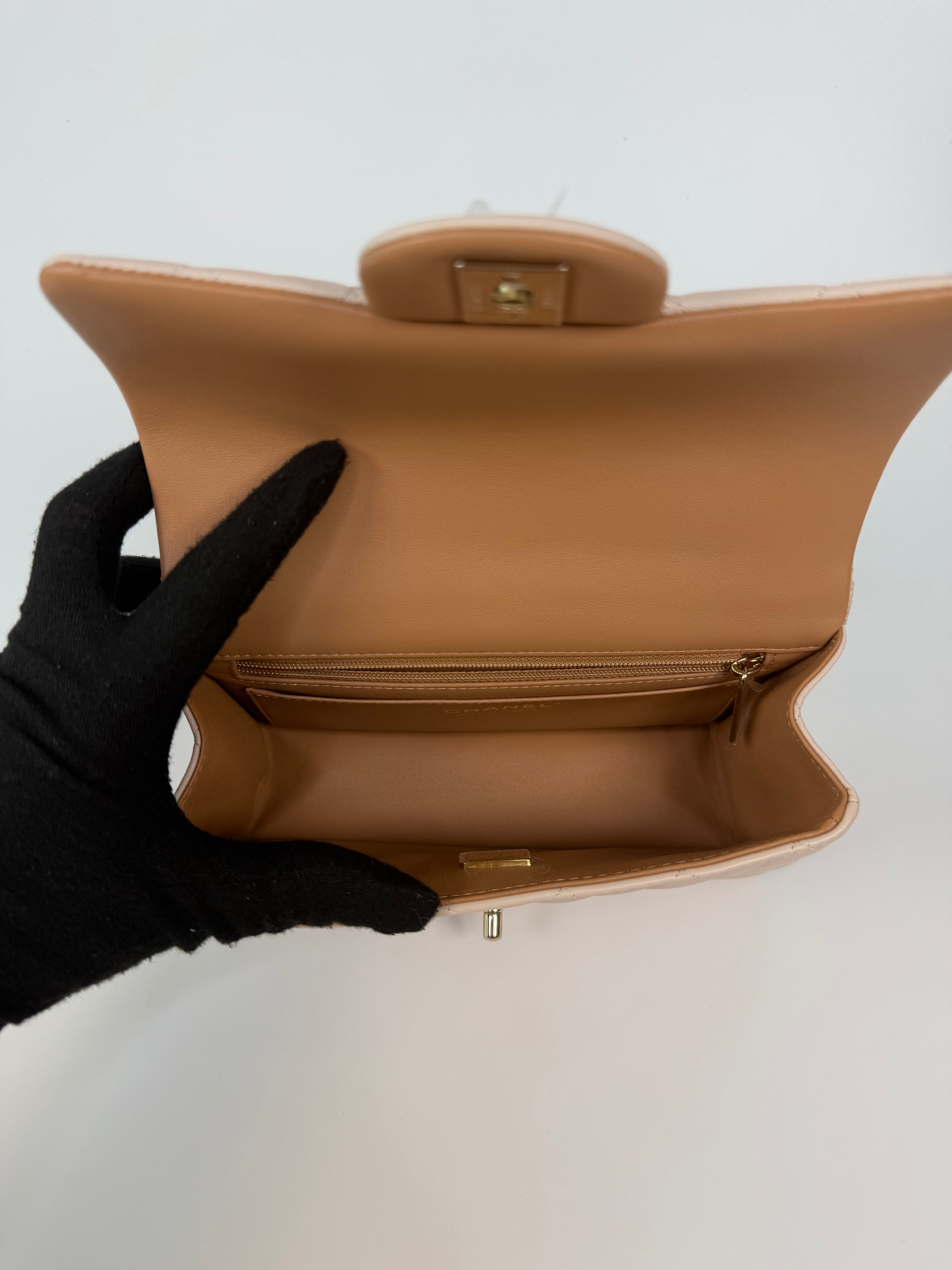 Chanel Mini Rectangle Top Handle In Light Beige Lambskin Leather With Pale Gold Hardware