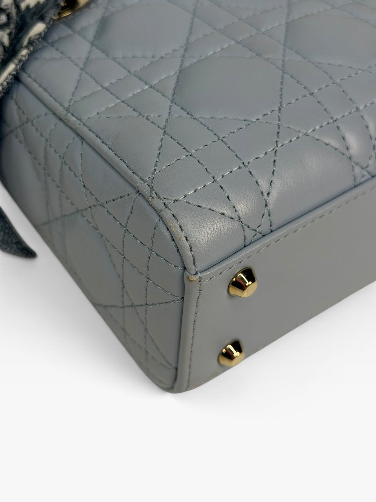 Christian Dior Mini Lady Dior In Pale Blue Cannage Leather With Pale Gold Hardware. 100% Authentic and Preloved in excellent condition. 100% Guarantee