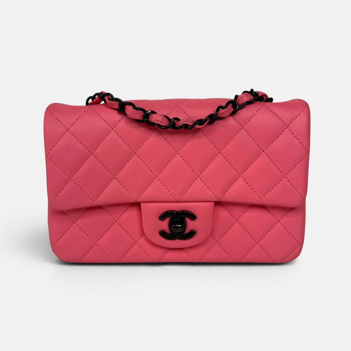 Chanel Mini Rectangle Flap Bag In Pink Lambskin With Black Hardware
