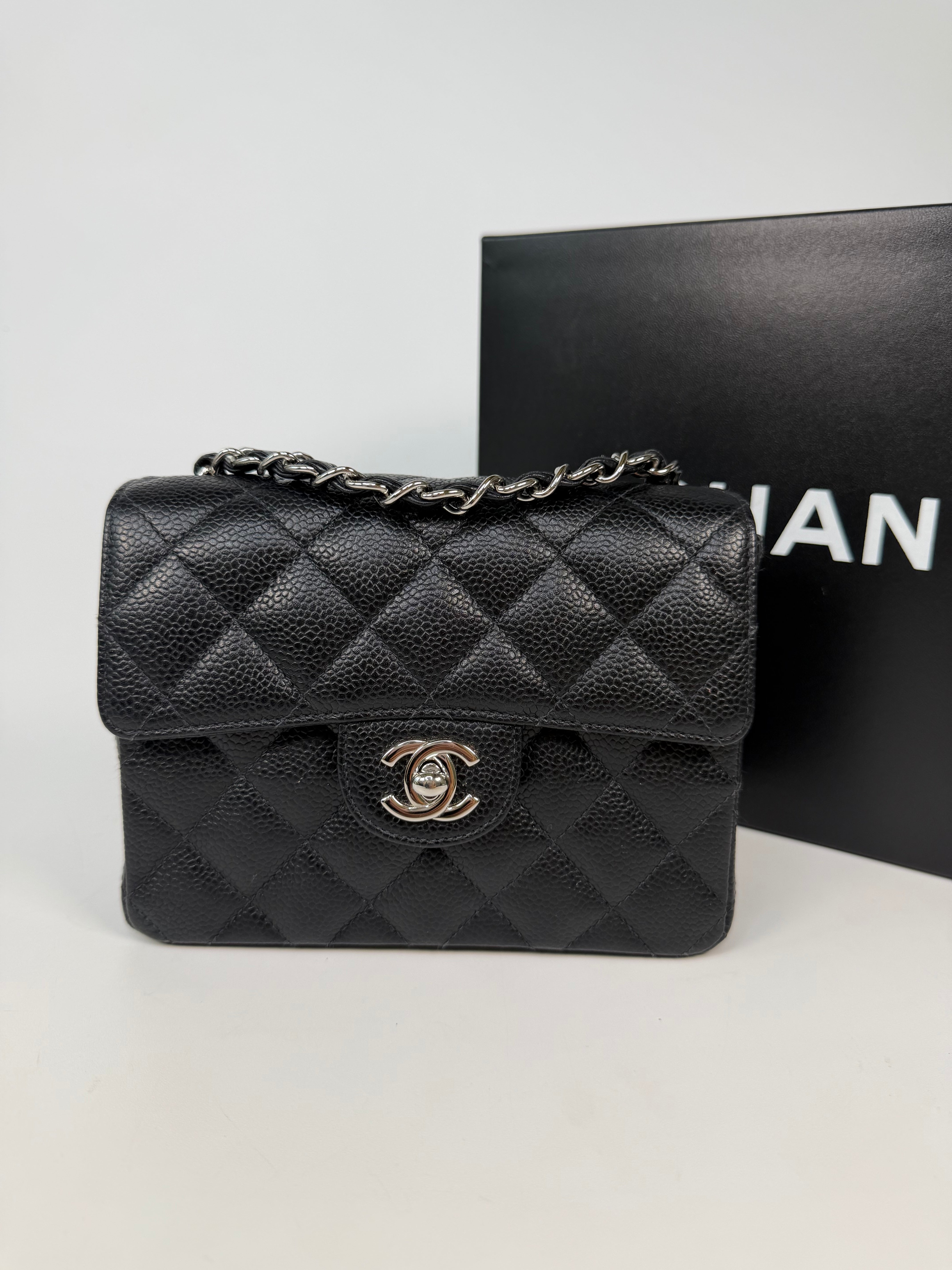Chanel Vintage Mini Square Flap In Black Caviar Leather With Silver Hardware