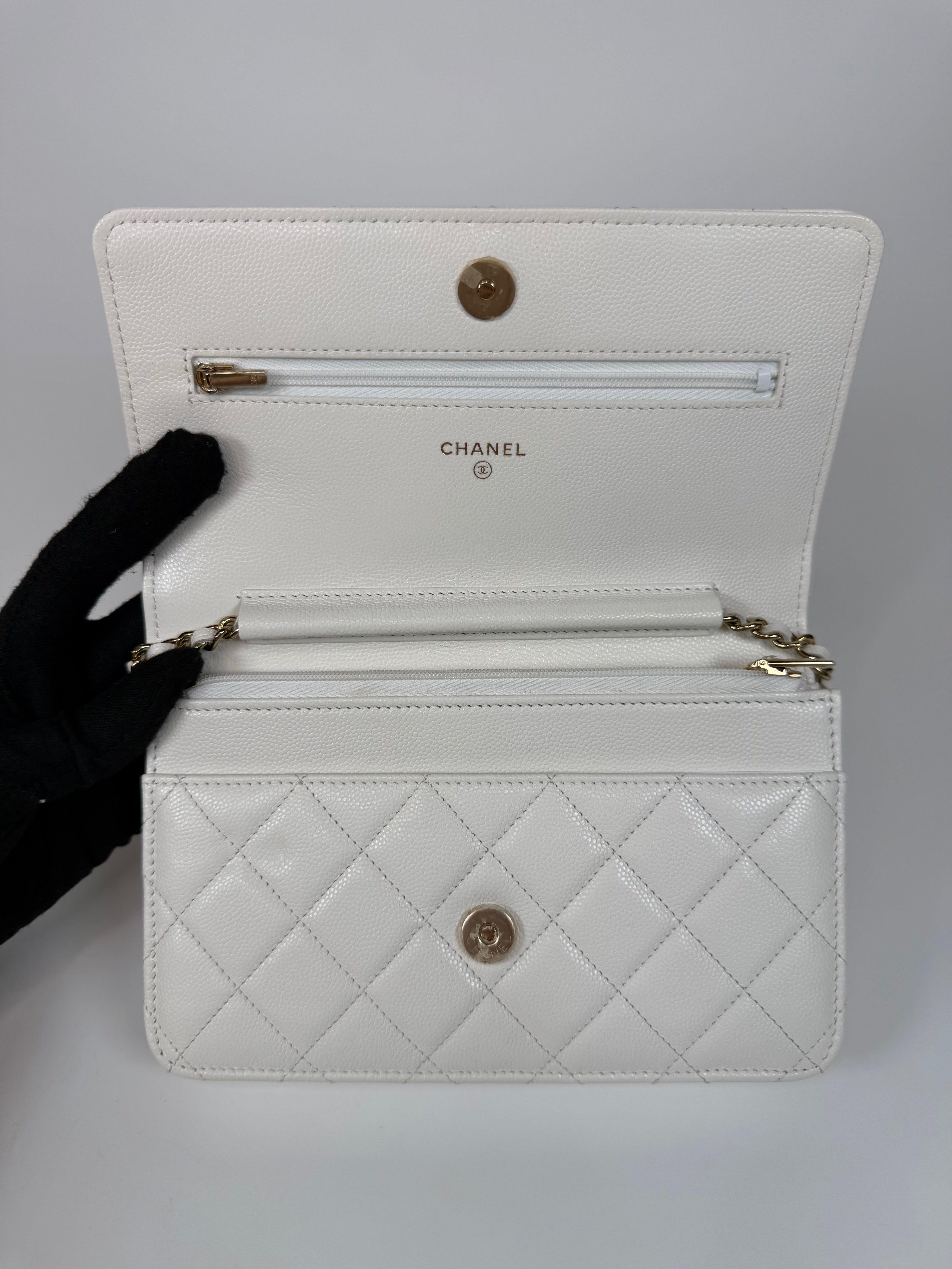 Chanel Wallet On Chain In White Caviar Leather With Pale Gold Hardware