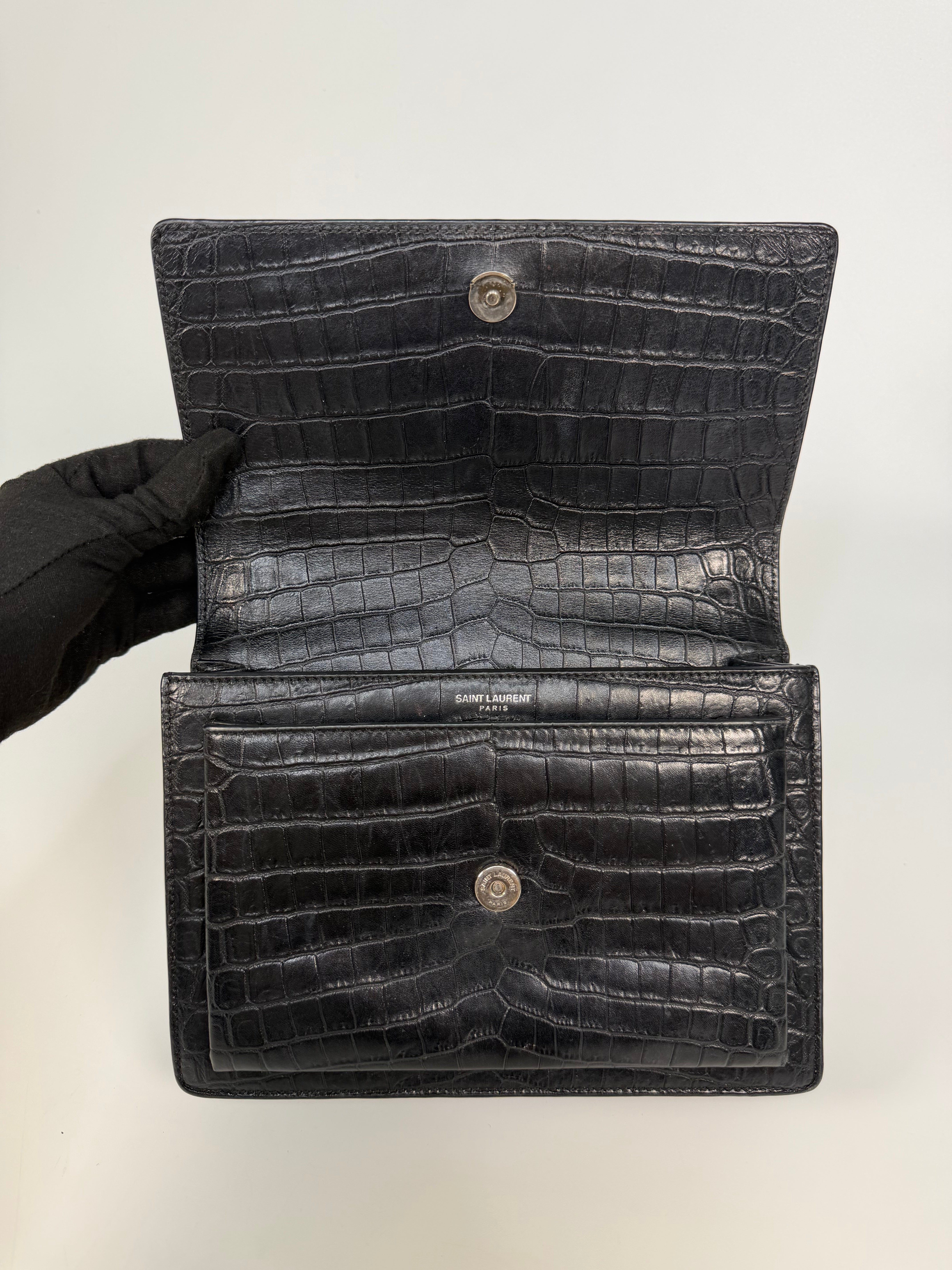 Saint Laurent Sunset Bag In Noir Croc Embossed Leather Silver Hardware. 100% authentic and preloved in very good condition.