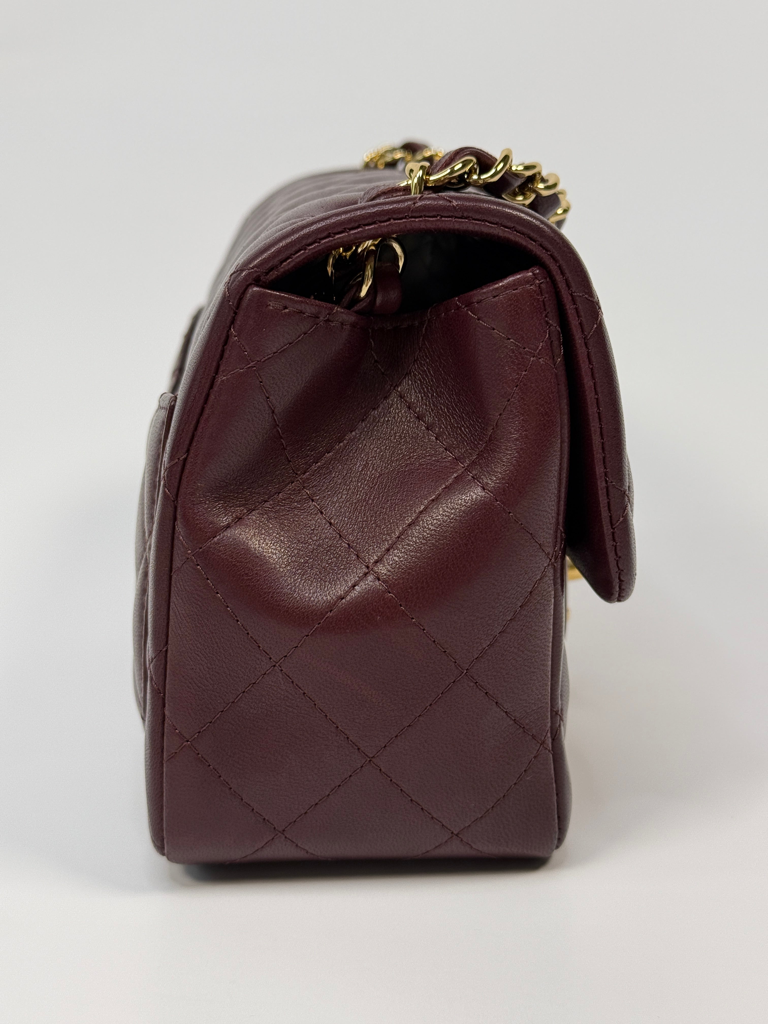 Chanel Mini Square In Burgundy Lambskin Leather With GHW