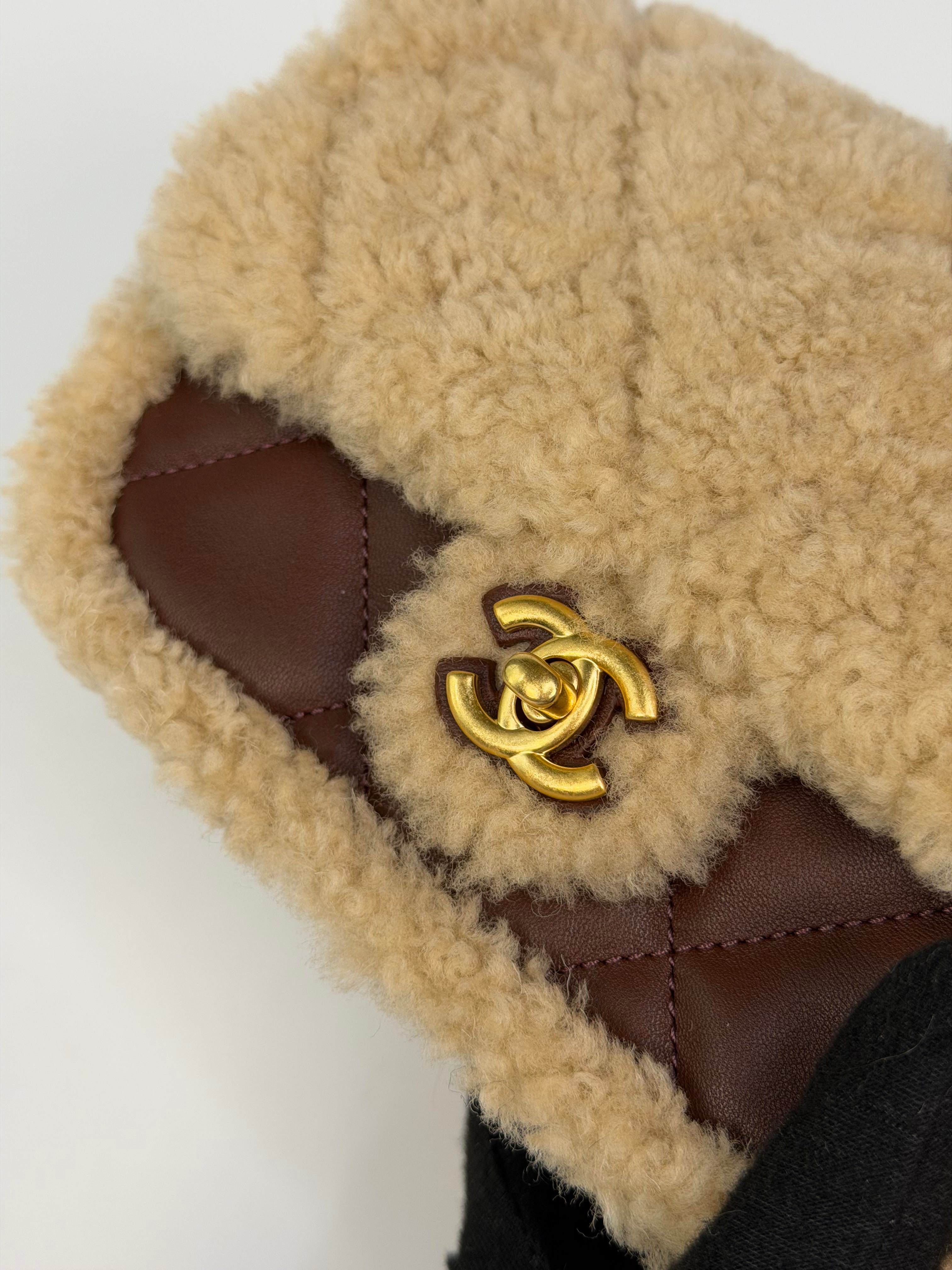 Chanel Mini Rectangle In Brown Lambskin Leather & Shearling With Gold Hardware. Authentic and preloved in excellent condition with 100% authenticity guarantee.