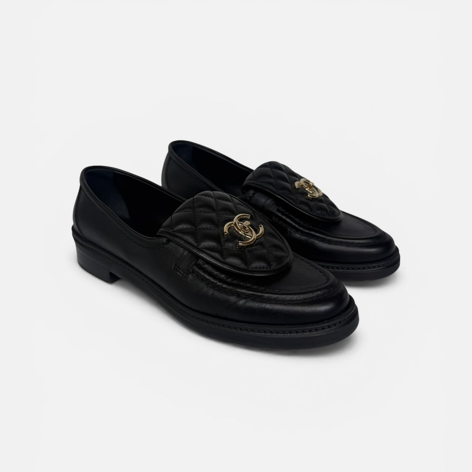 Chanel Black Quilted Leather Turnlock Loafers (Size 39/UK6)