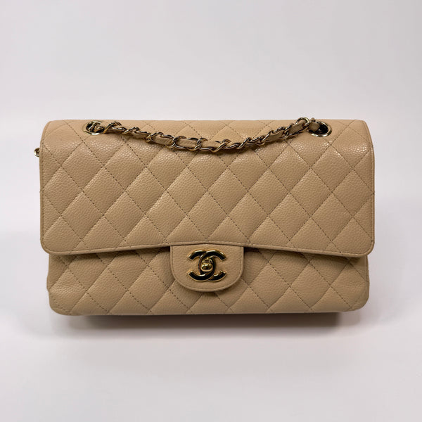 Chanel Medium Classic Double Flap Beige Caviar Leather With GHW