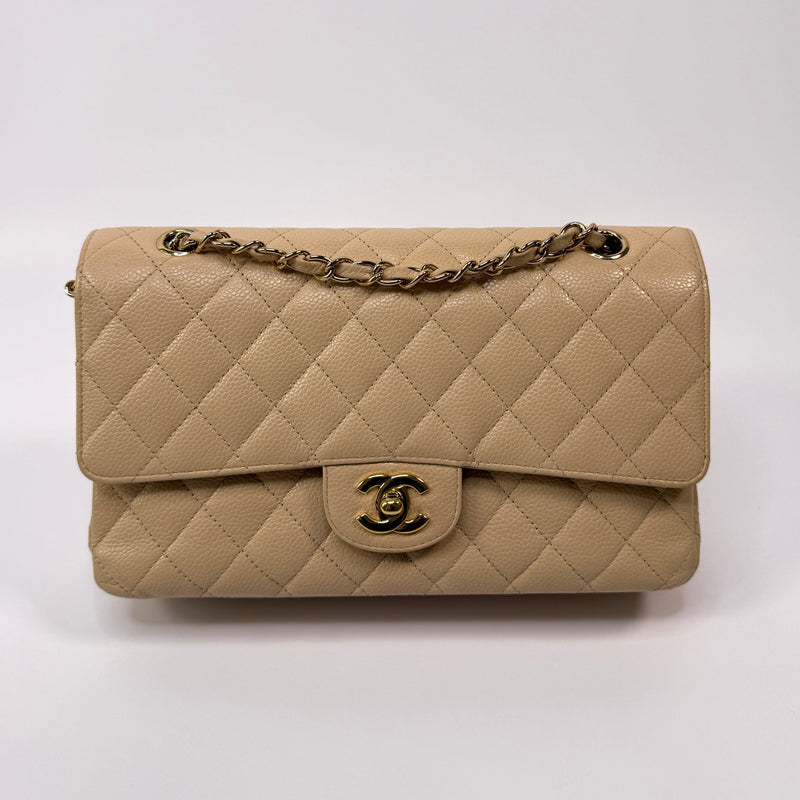 Chanel Medium Classic Double Flap Beige Caviar Leather With GHW