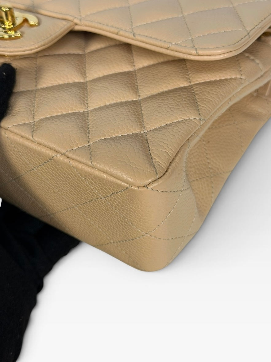 Chanel Small Classic Double Flap In Beige Caviar Leather With Gold Hardware. 100% authentic and preloved in excellent condition.